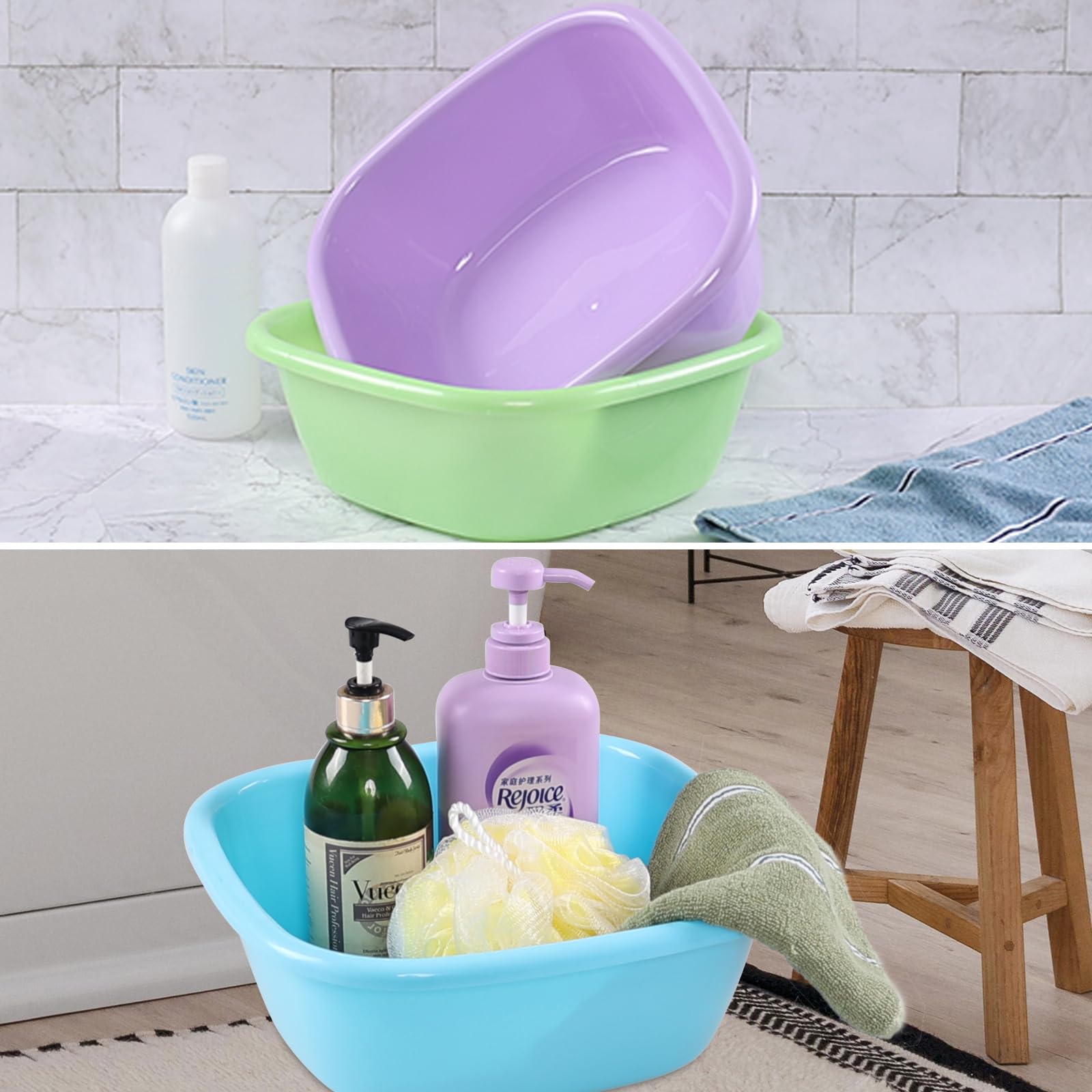 Jandson 3-Pack 8 Quart Plastic Square Wash Basin, Small Dishpan Tub (Blue, Green, Purple)