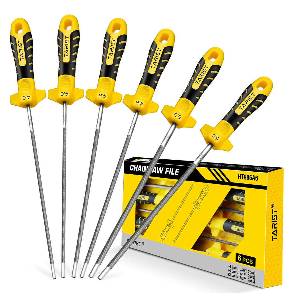 TARIST 6PCS Chainsaw File with Handle - Includes 5/32", 3/16", 7/32" Round Files, Professional Chain Saw Sharpening Files