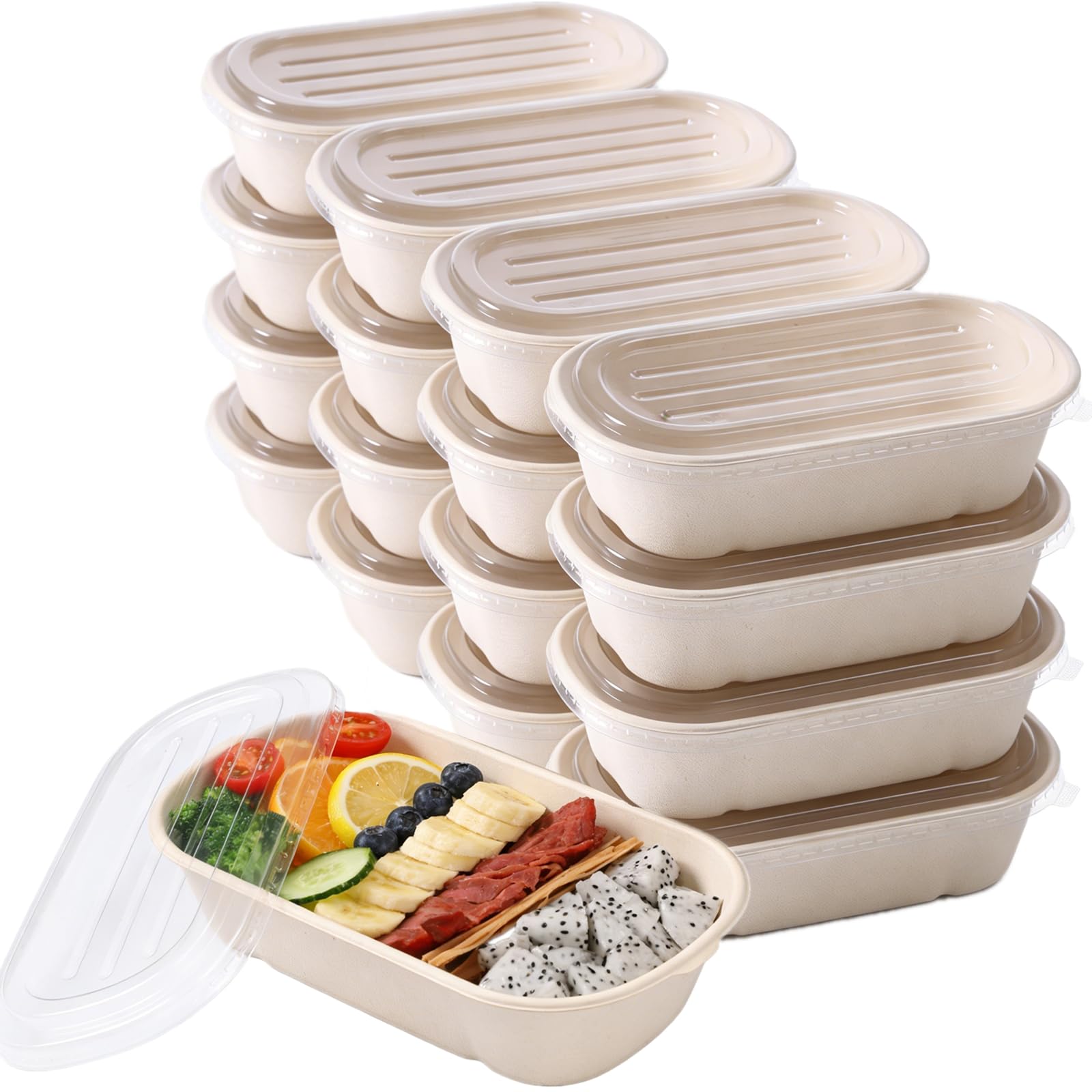NROZIET 50 Pack Meal Prep Containers with PP Lid, 23oz Disposable Take Out Food Containers, Microwave Safe Cardboard Bagasse To Go Paper Bowls Soup Serving Bowls for Salad, Leftovers