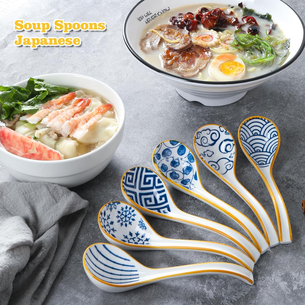 Soup Spoons Set of 6, Soup Dumplings Asian Soup Spoon Set Non-Slip Bottom Japanese Spoons for Ramen Chinese Wonton, Dumplings, Pho, Noodle Soup Spoons
