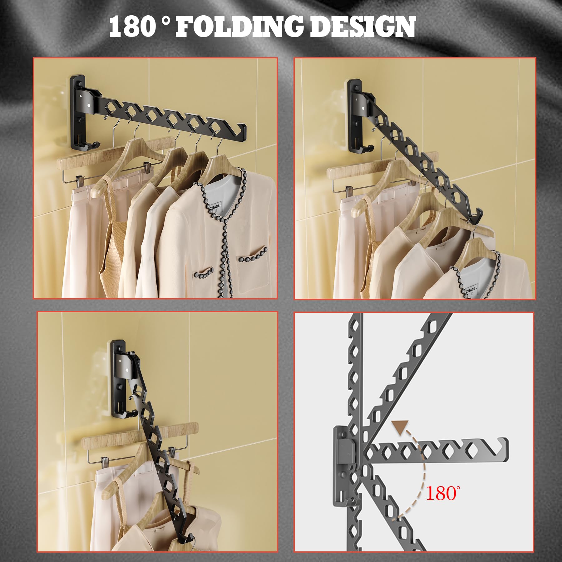 Dr.DJ Wall Mount Coat Hanger Holder Black Clothes Drying Organizer Rack Garment Hooks Aluminium Retractable Folding Indoor Wall Mounted Hanger Space Saver for Laundry Room Bedroom Black 2Pack