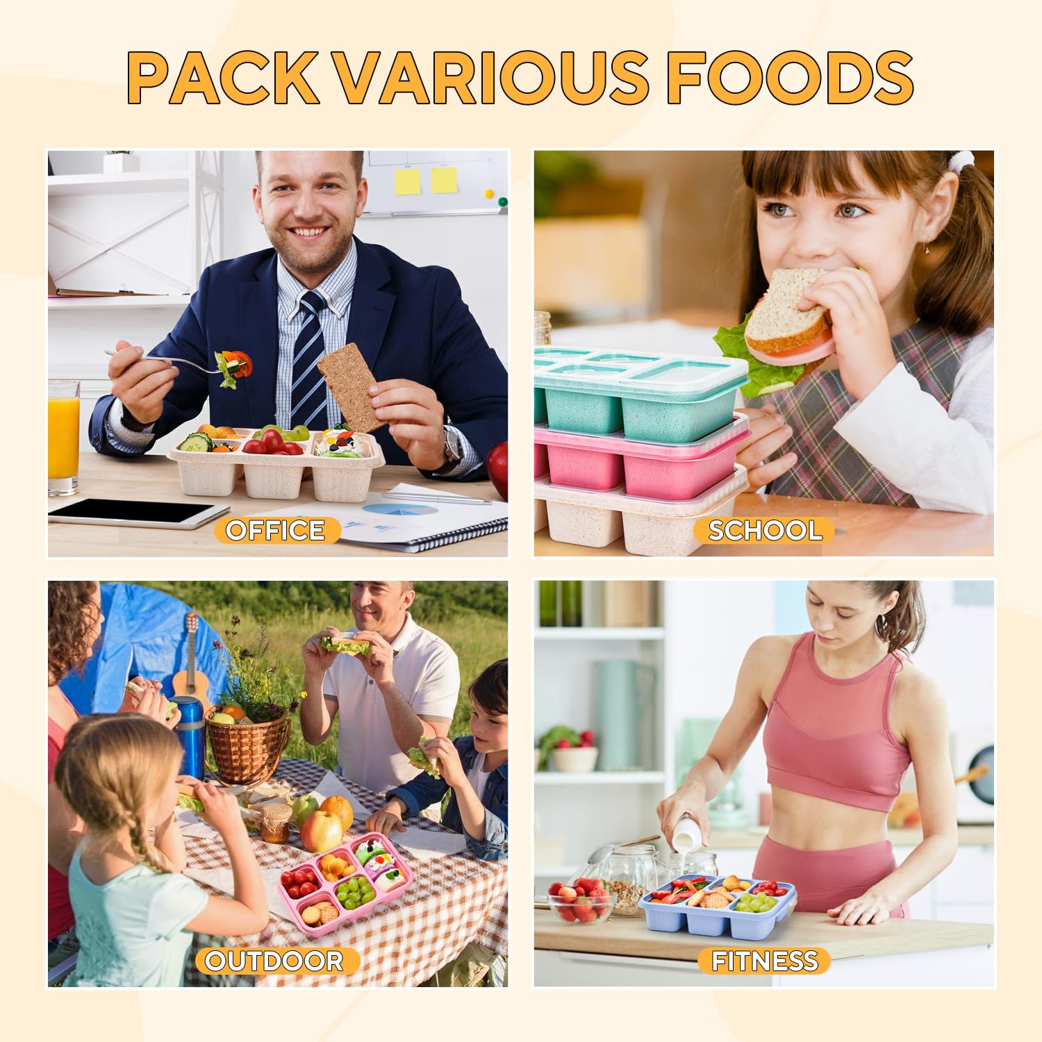 4 Pack Bento Snack Box, 5 Compartment Lunchable Snack Containers, Stackable Bento Lunch Boxes for Kids & Adults, Reusable Wheat Straw Meal Prep Lunch Containers for School，Work and Travel