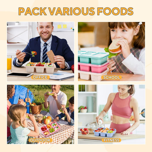 4 Pack Bento Snack Box, 5 Compartment Lunchable Snack Containers, Stackable Bento Lunch Boxes for Kids & Adults, Reusable Wheat Straw Meal Prep Lunch Containers for School，Work and Travel