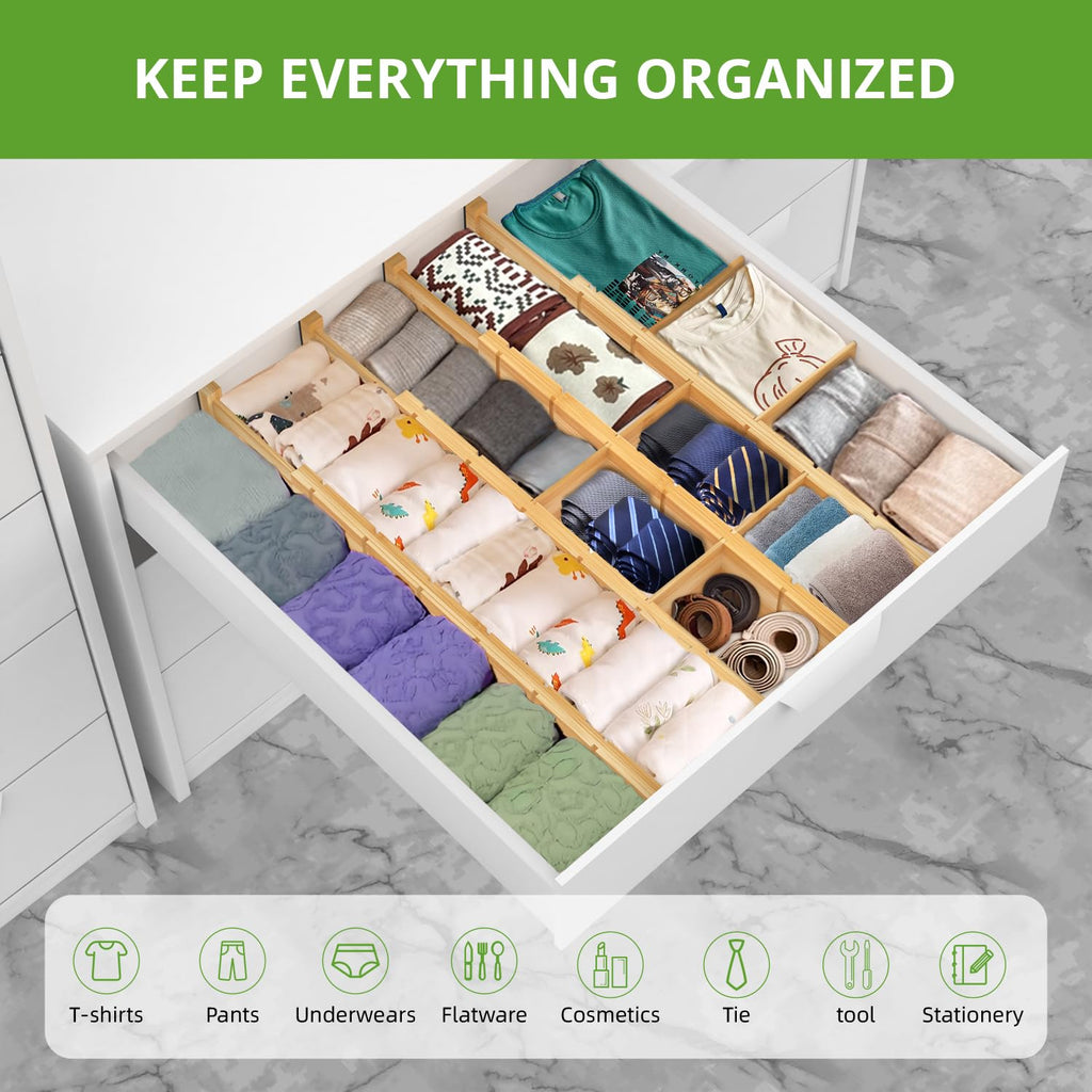 ANTOWIN 4 Pack Expandable Drawer Dividers, 2.2'' High, Extend from 17'' to 22'', Dresser Drawer Organizers, Bamboo Separators for Kitchen, Bedroom, Office, with 12 Pack Divider Inserts (Natural)