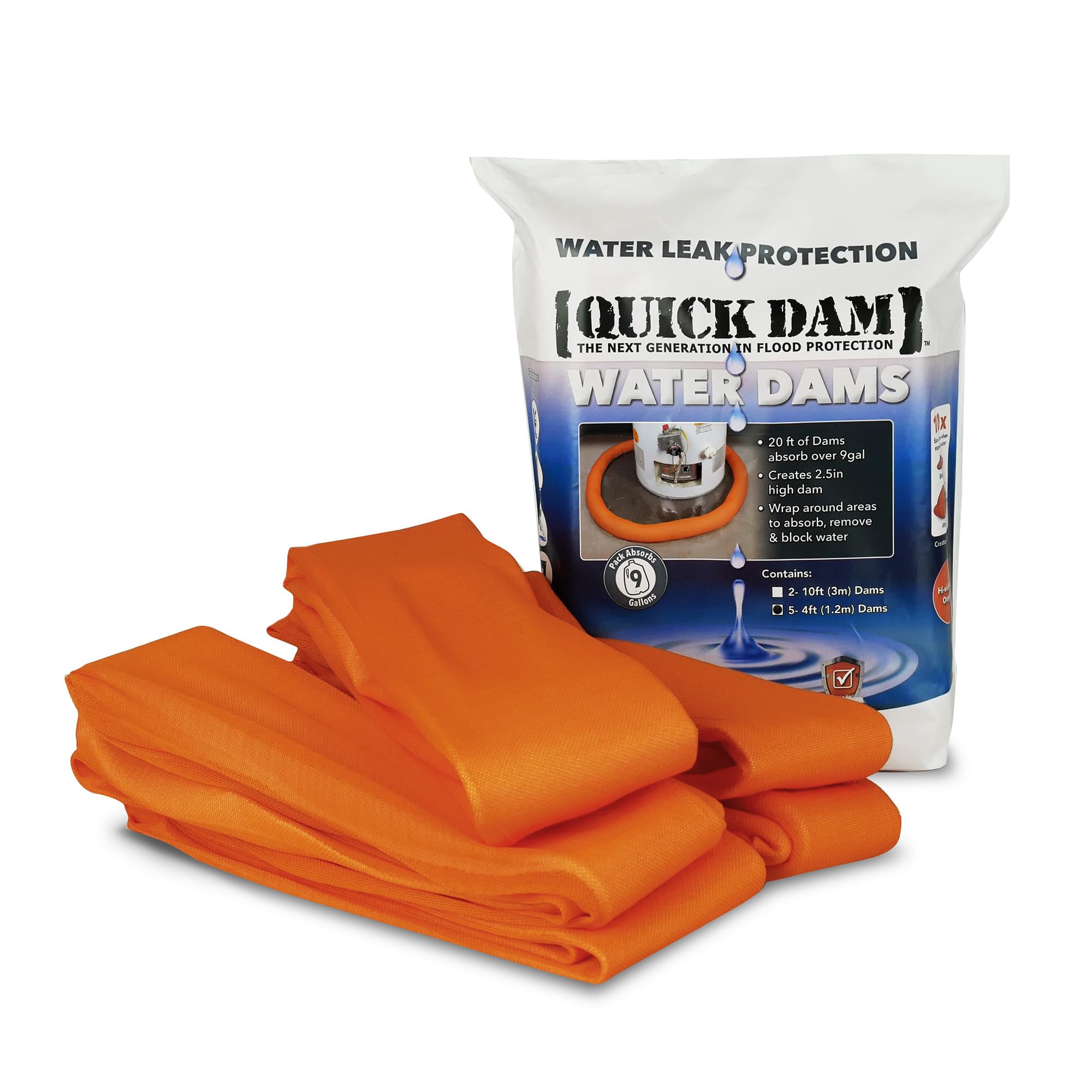 Quick Dam Indoor Water Dams – 5 Pack, 4ft Barriers for Leak and Spill Control – Absorbs Water on Contact – Expands to 2.5” Height – Ideal for Basements, Appliances, Doorways, and More