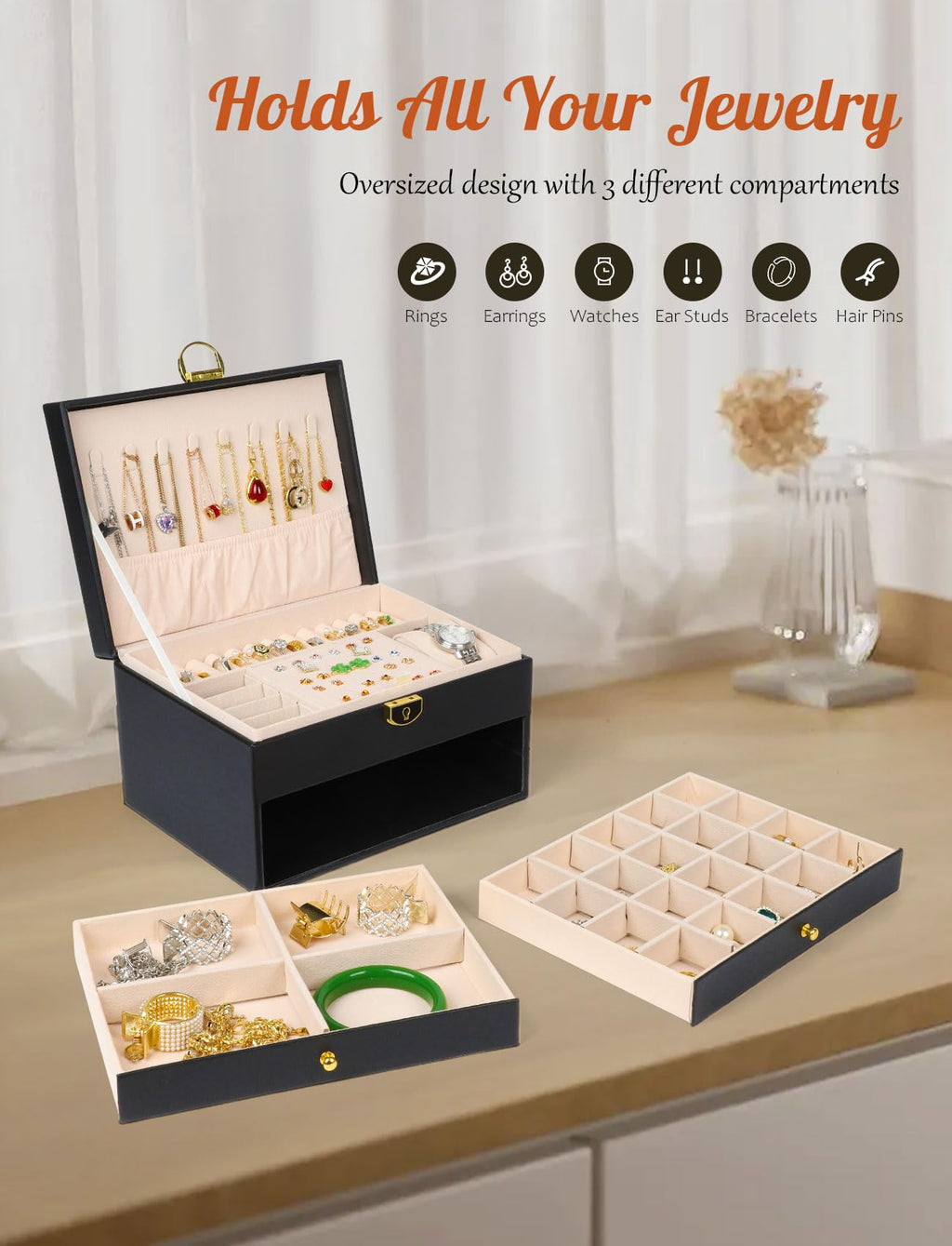 SYCARON Large Jewelry Box Organizer for Women Girls, 3 Layers PU Leather Jewelry Storage Case with Lock for Women and Girls Necklace Bracelets Earrings Rings Organizer, Black