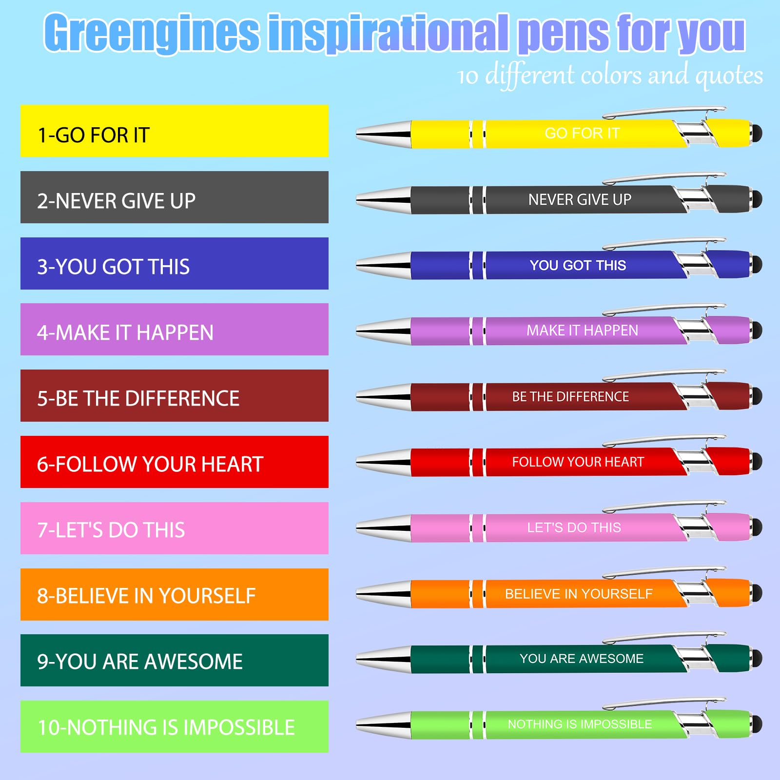 Greengines 20 Pieces Inspirational Pens, Motivational Ballpoint Pen with Stylus Tip Funny Ink Pens Bulk Inspirational Gifts for Women Coworkers Office Supplies Black Ink