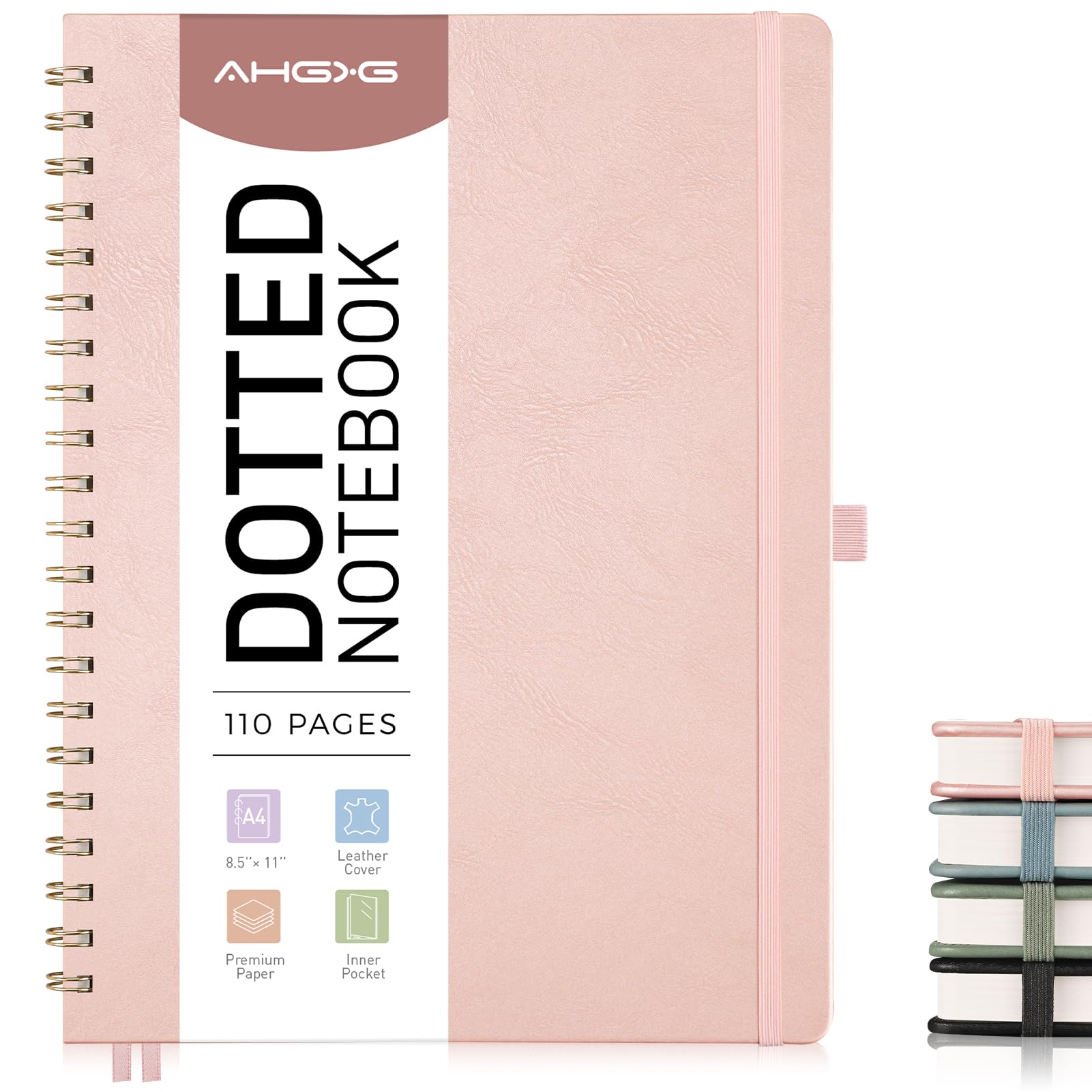 AHGXG Dotted Journal Spiral Notebook 8.5" x 11", Large A4 Leather Hardcover Dotted Notebook, 100 GSM Thick Dot Grid Paper, Inner Pocket, Rose Gold