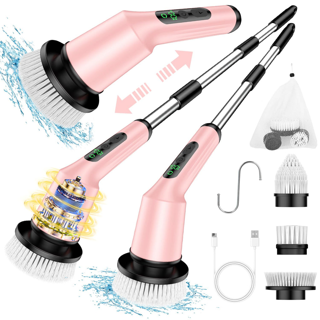 Electric Spin Scrubber for Cleaning Bathroom, Shower Scrubber Cordless Cleaning Brush with IPX7 Waterproof & 2 Speed, 3 Brush Heads, Bathroom Cleaning Supplies for Shower Tub Kitchen Toilet Pink