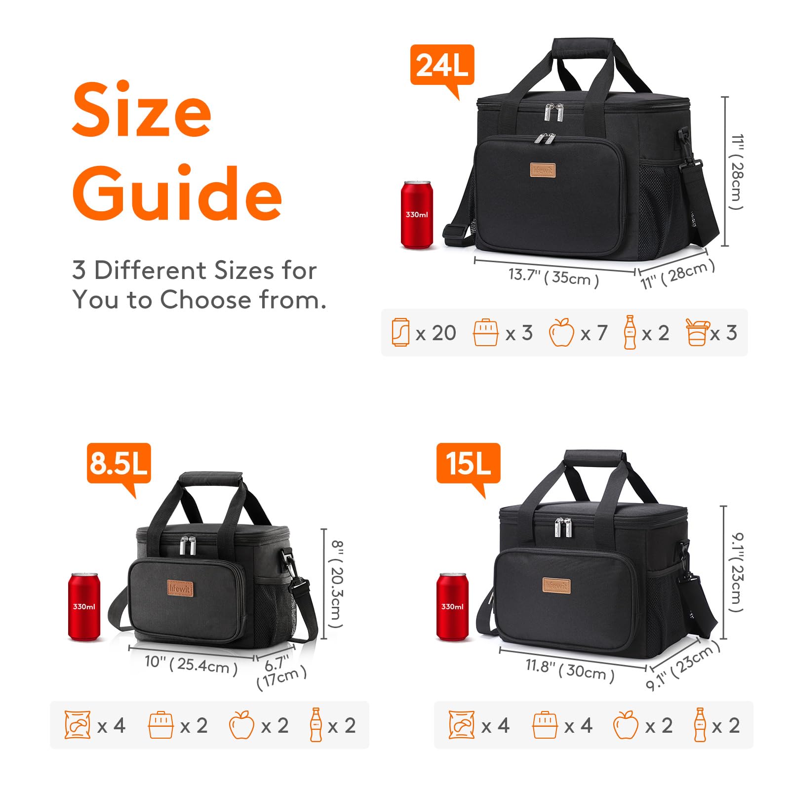 Lifewit Large Lunch Bag for Adults, 24-Can 15L Insulated Lunch Box Leakproof Soft Cooler Cooling Tote for Men Women, Waterproof Reusable Cooler Bags for Work Office Outdoor Picnic Camping, Black