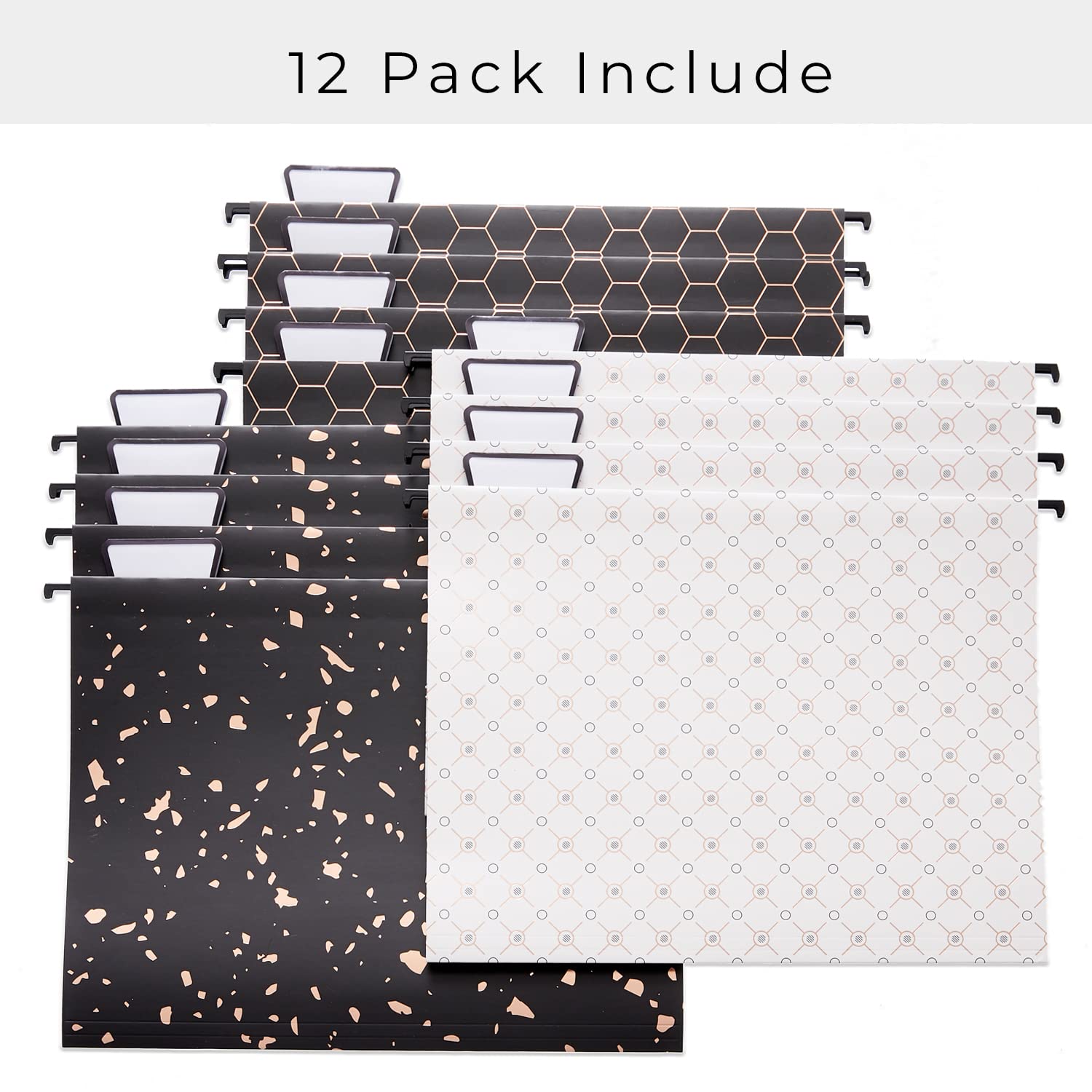 YOMA 12 Pack Decorative Hanging File Folders Letter Size Rose Gold File Folder Pretty Hanging Folder Organizer for Filing Cabinet Office Home with 1/5-Cut Adjustable Tabs, 3 Black Foil Design