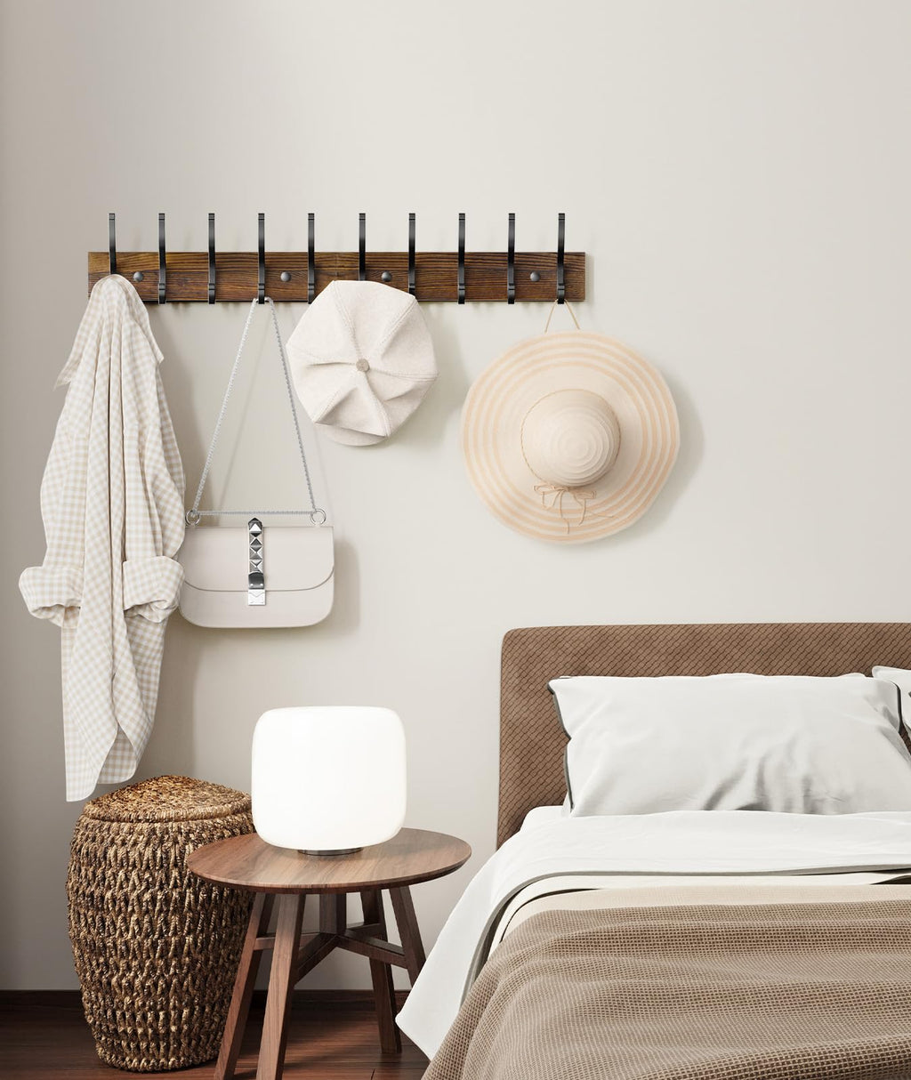 Optish 2 Pack Wooden Coat Rack Wall Mount, 16.1" Rustic Coat Hanger Hooks Wall Mount, Wall Coat Rack for Hat, Clothes, Bags, Jacket - Brown