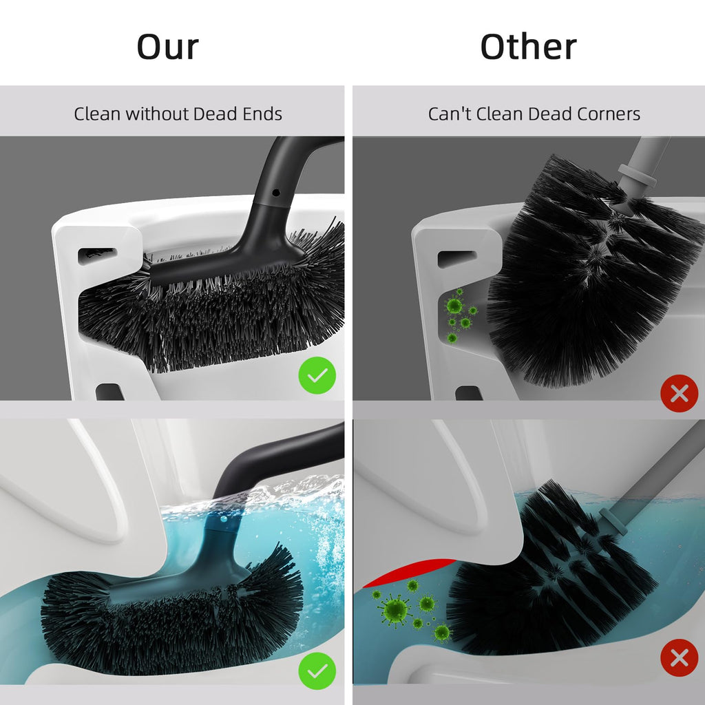 HAMITOR Toilet Brush and Holder Set: Curved Design Bathroom Toilet Bowl Cleaner Brush for Deep Cleaning Under Rim- Flexible Bristles Toilet Scrubber with Long Handle- Modern Travel RV Tools- Black