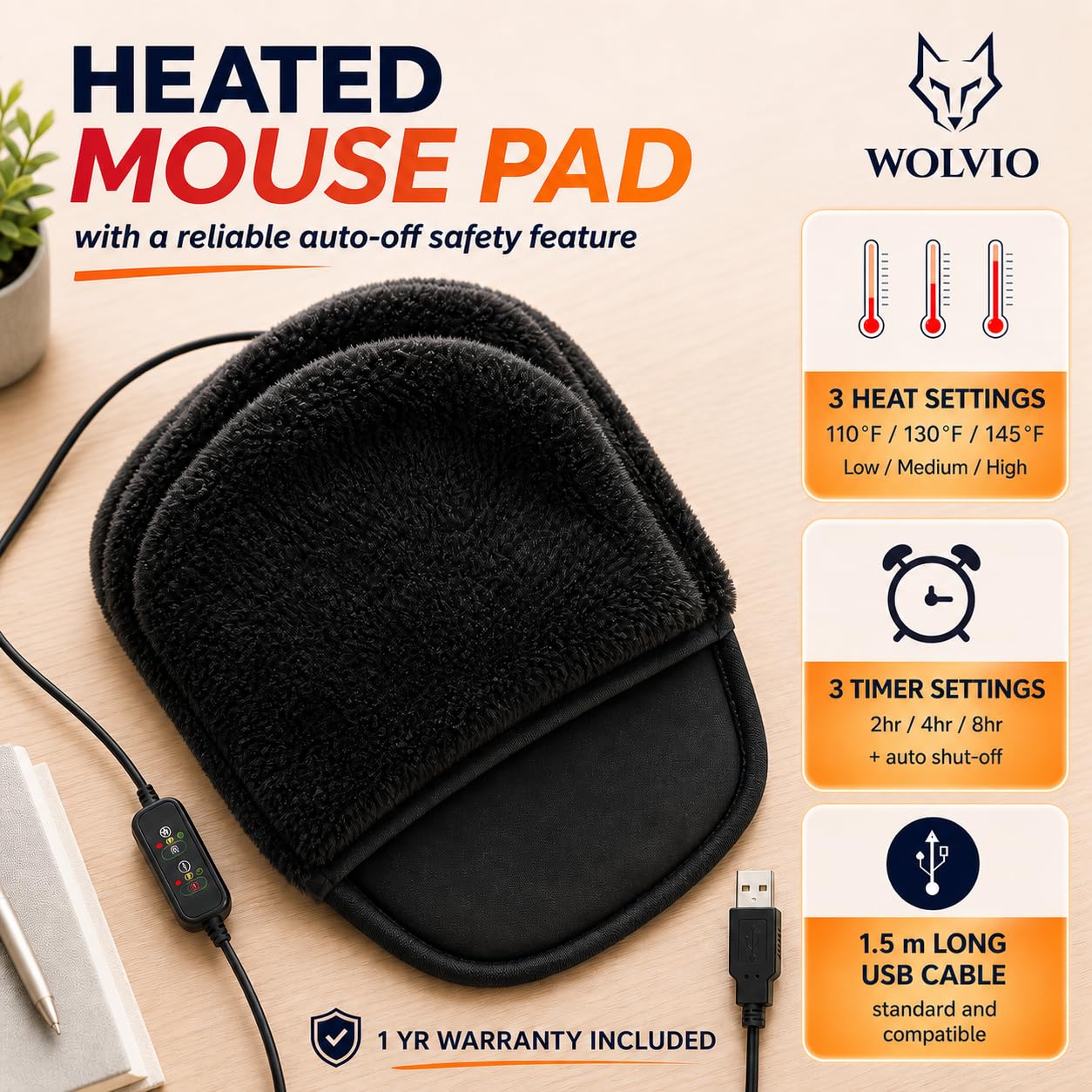 Heated Computer Mouse Pad Hand Warmer: USB Hand Warmers for Computer | Removable Heating Element | 3 Temperatures/Time Limits | Roomy, Hand-Warming Mouse Pad for Men and Women