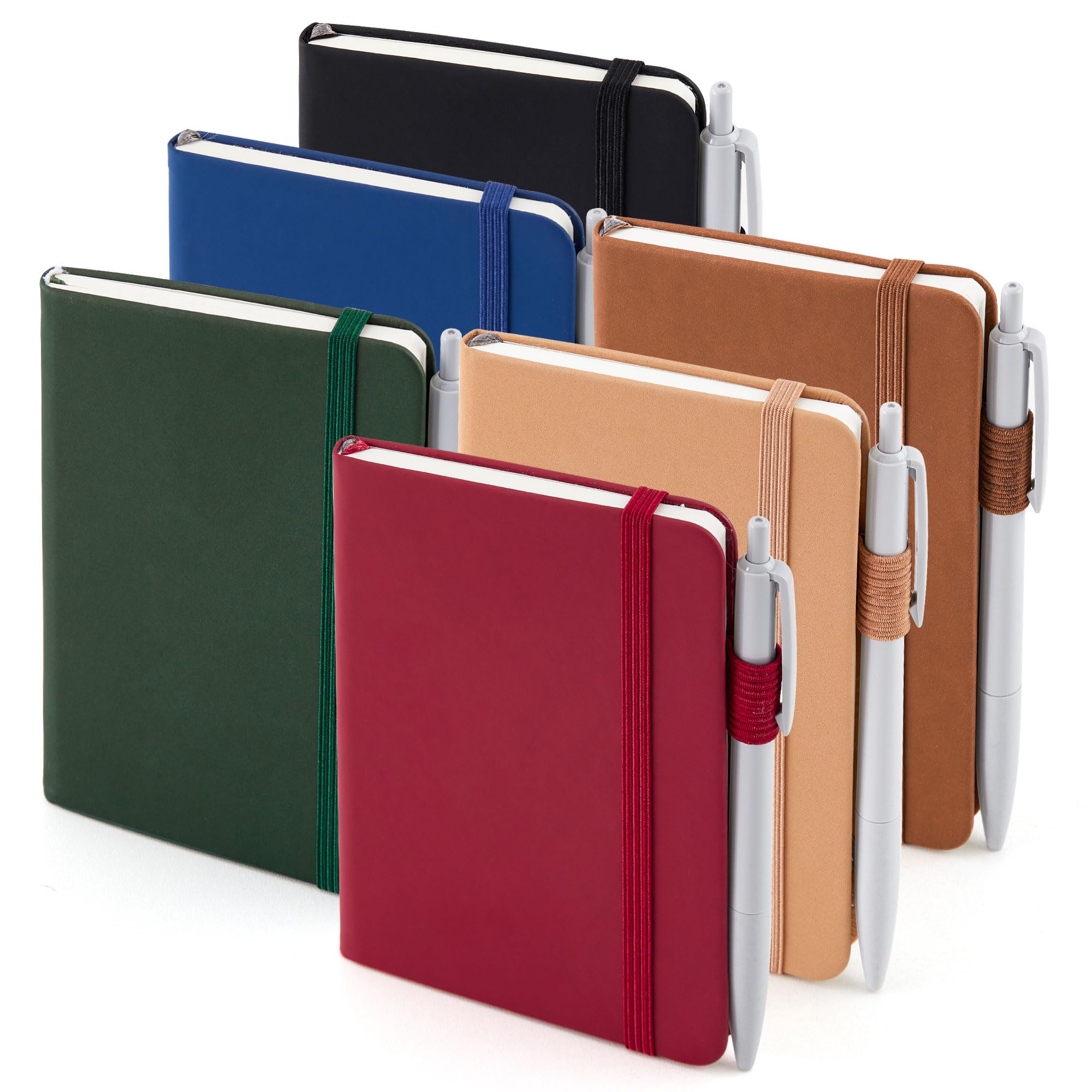 feela Pocket Mini Notebooks Bulk, Small Cute Memo Notepads Hardcover College Ruled Lined Journals with Pen Holder for School Business Work, with 6 Black Pens, 3.5”x 5.5”, 6 Pack, A6, Vintage Colors