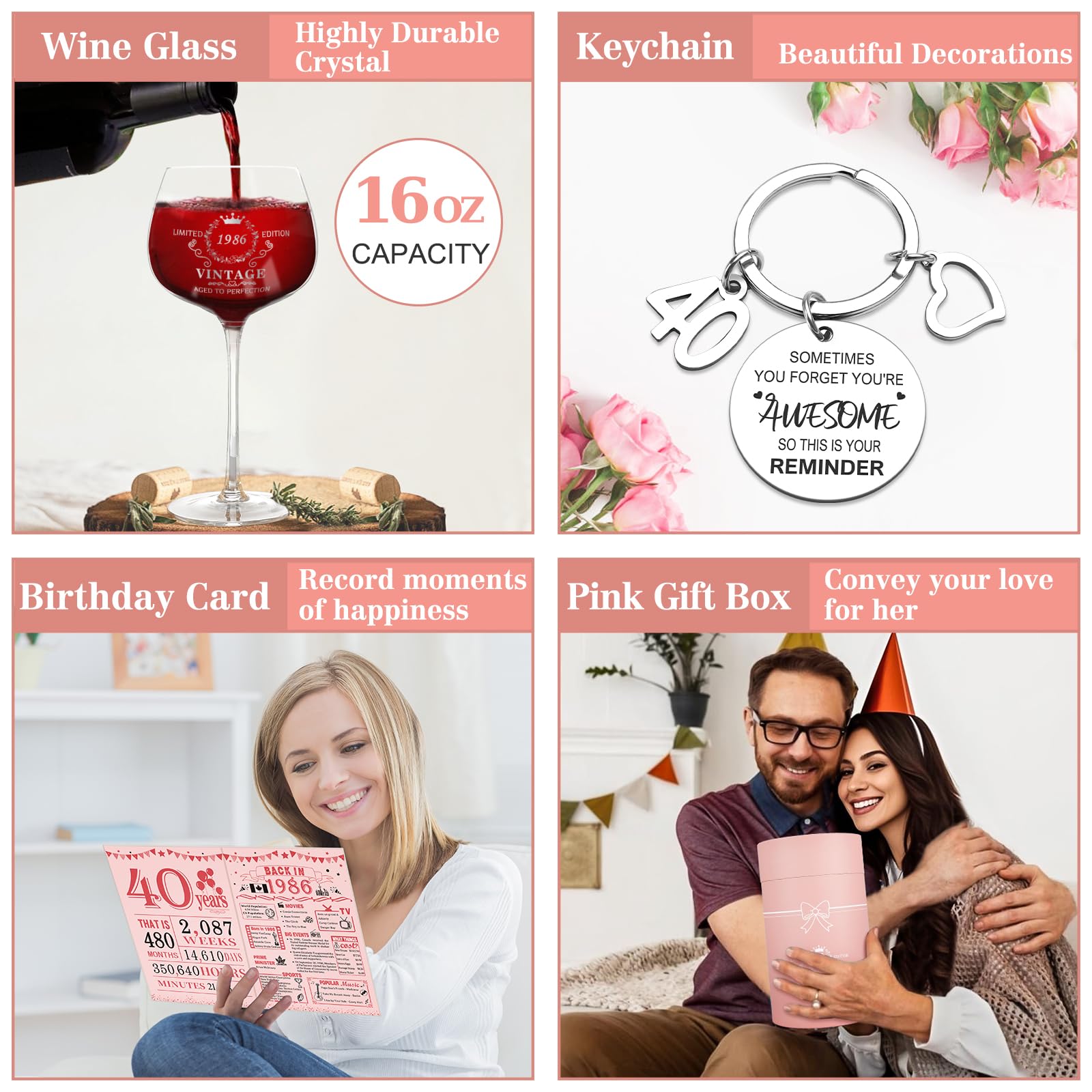40th Birthday Gifts for Women,Vintage 1986 Platinum Print Wine Glass, 40th Birthday Decorations for Women, 1986 40 Year Old Gift Ideas for Her, Wife, Friends - 16Oz Wine Glass