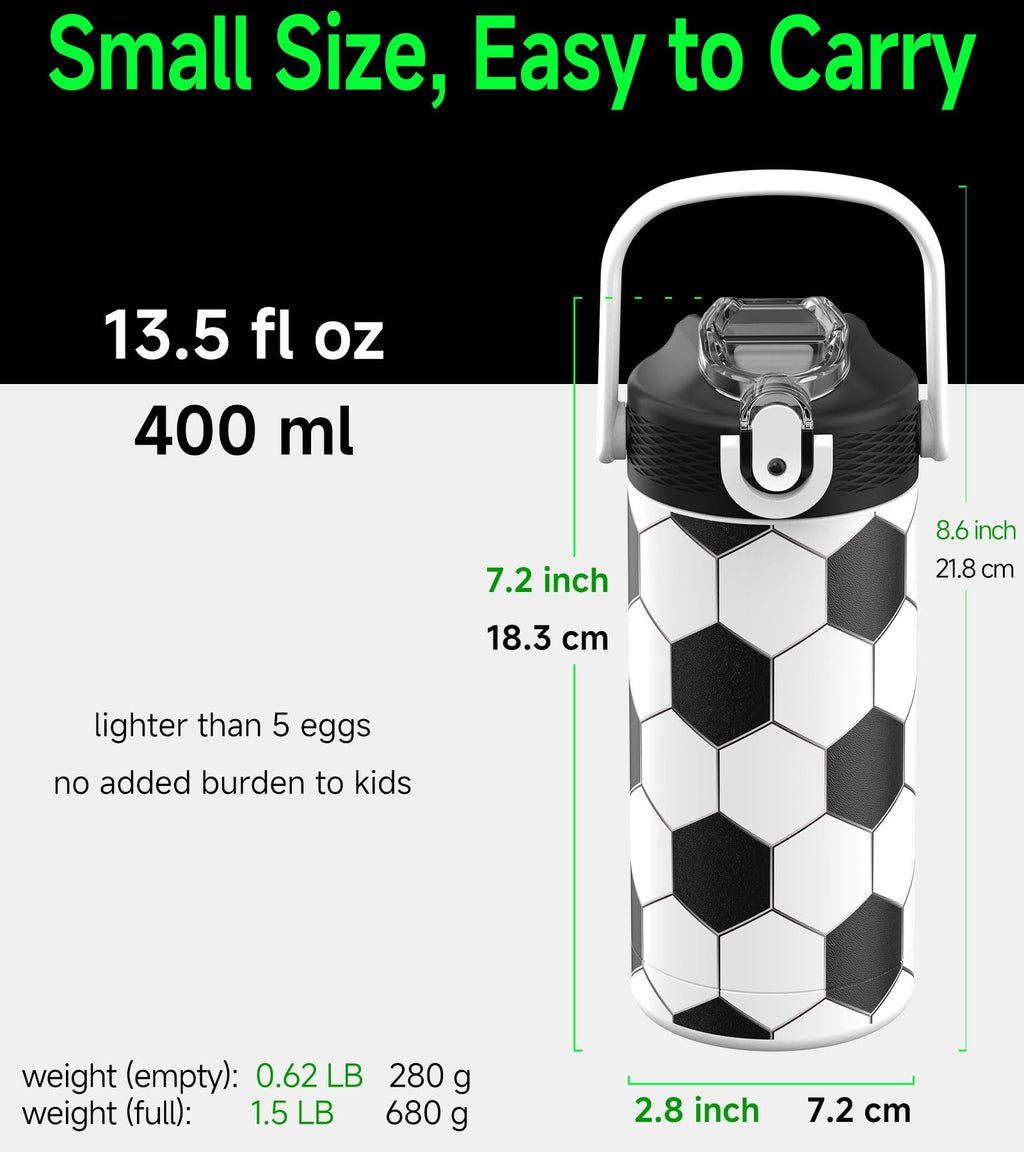 MYFOREST 14oz/400ml Insulated Kids Water Bottle, Odor-Free Surgical Grade Liner, Dishwasher-Safe, Name Spot, Soft Sipper (Soccer)