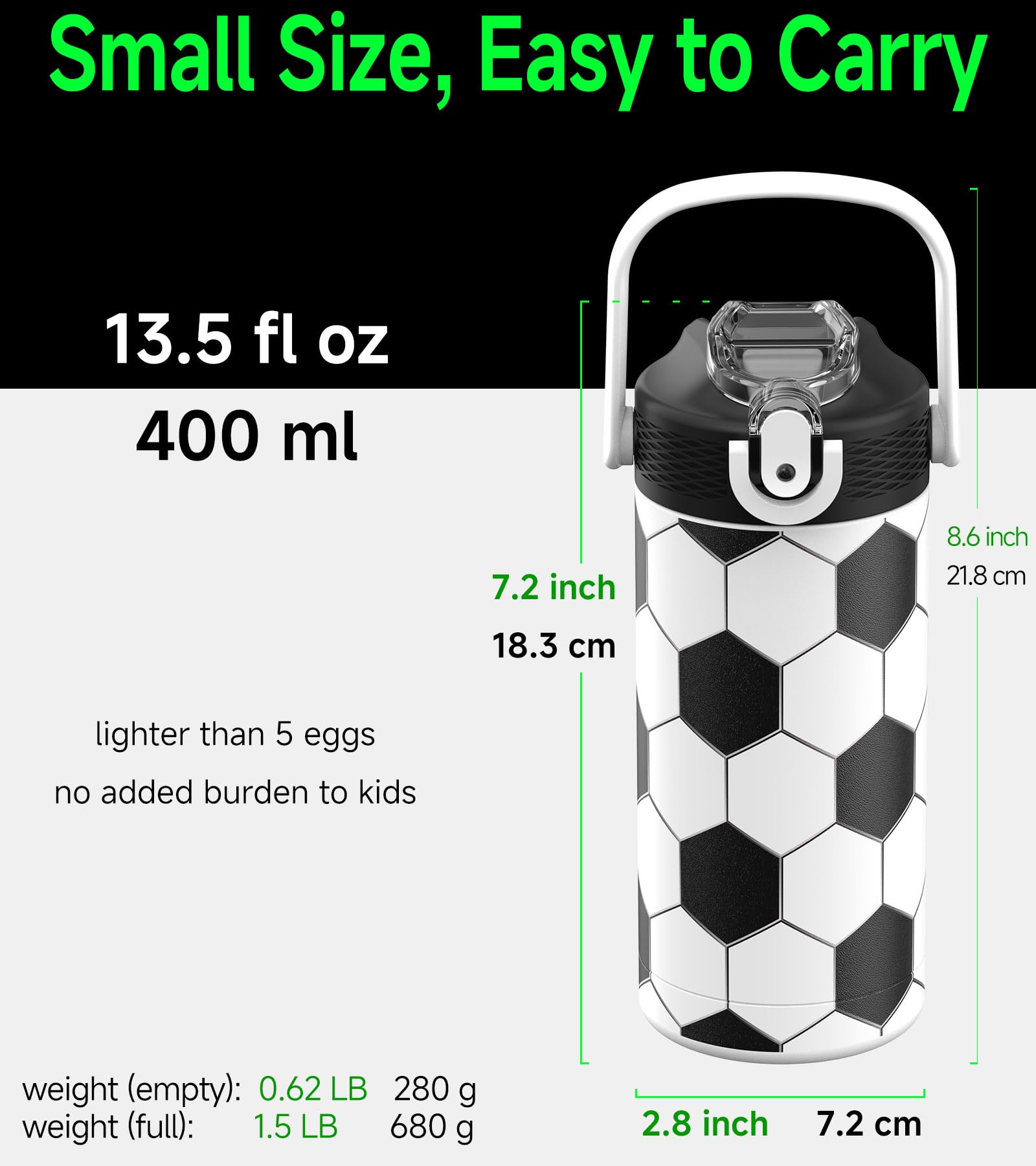 MYFOREST 14oz/400ml Insulated Kids Water Bottle, Odor-Free Surgical Grade Liner, Dishwasher-Safe, Name Spot, Soft Sipper (Soccer)