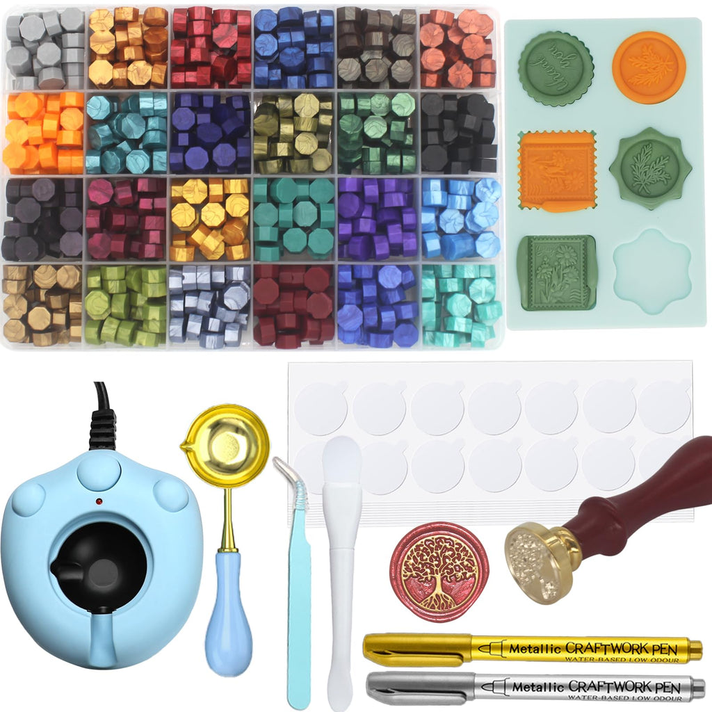 Wax Seal Kit with 24 Colors Wax Seal Beads 600pcs, Andotopee Tree of Life Wax Seal Stamp Kit with Electric Sealing Wax Warmer Set, Silicone Mold, Metallic Pen, 120 Removable Sticky Dots, Spoon Cleaner