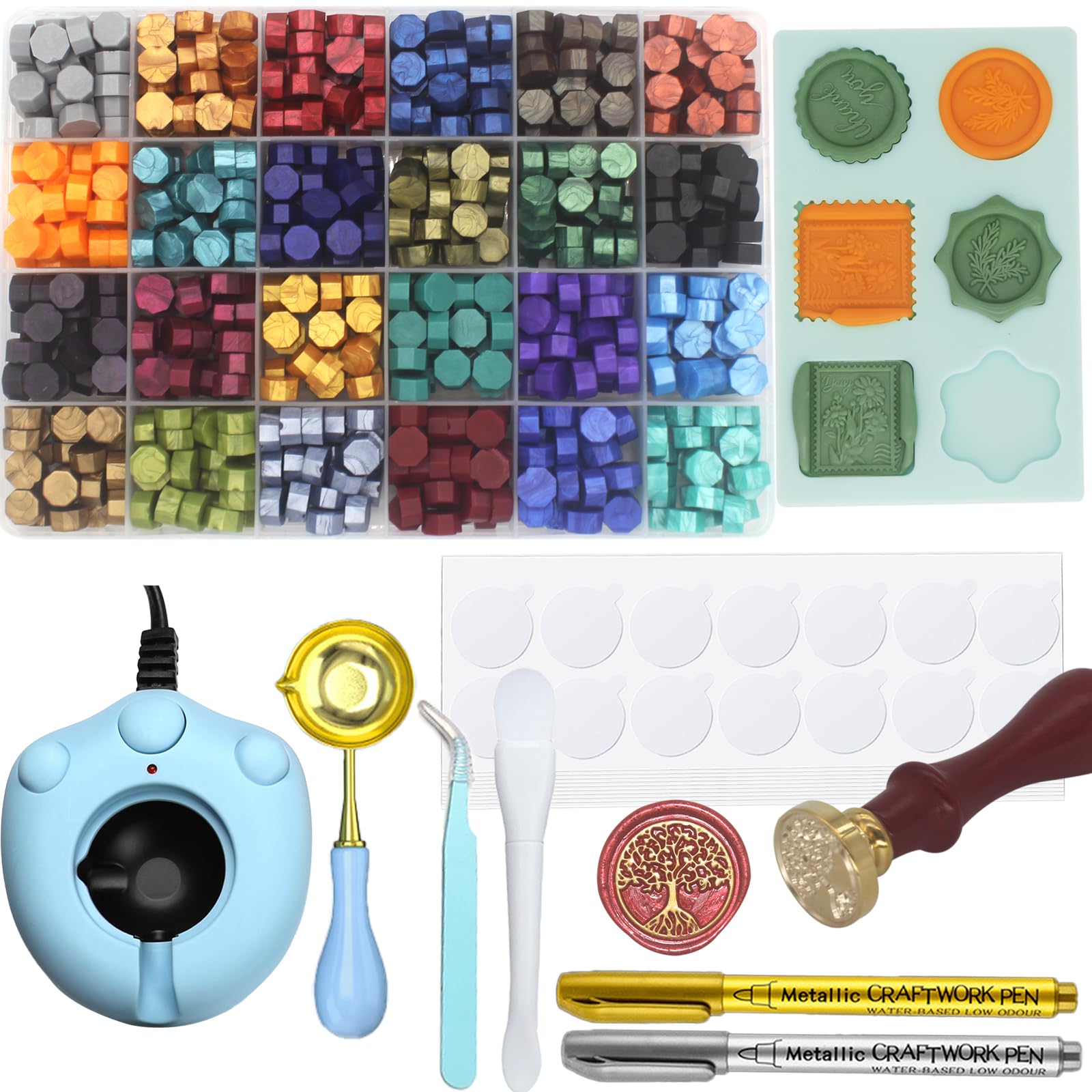 Wax Seal Kit with 24 Colors Wax Seal Beads 600pcs, Andotopee Tree of Life Wax Seal Stamp Kit with Electric Sealing Wax Warmer Set, Silicone Mold, Metallic Pen, 120 Removable Sticky Dots, Spoon Cleaner