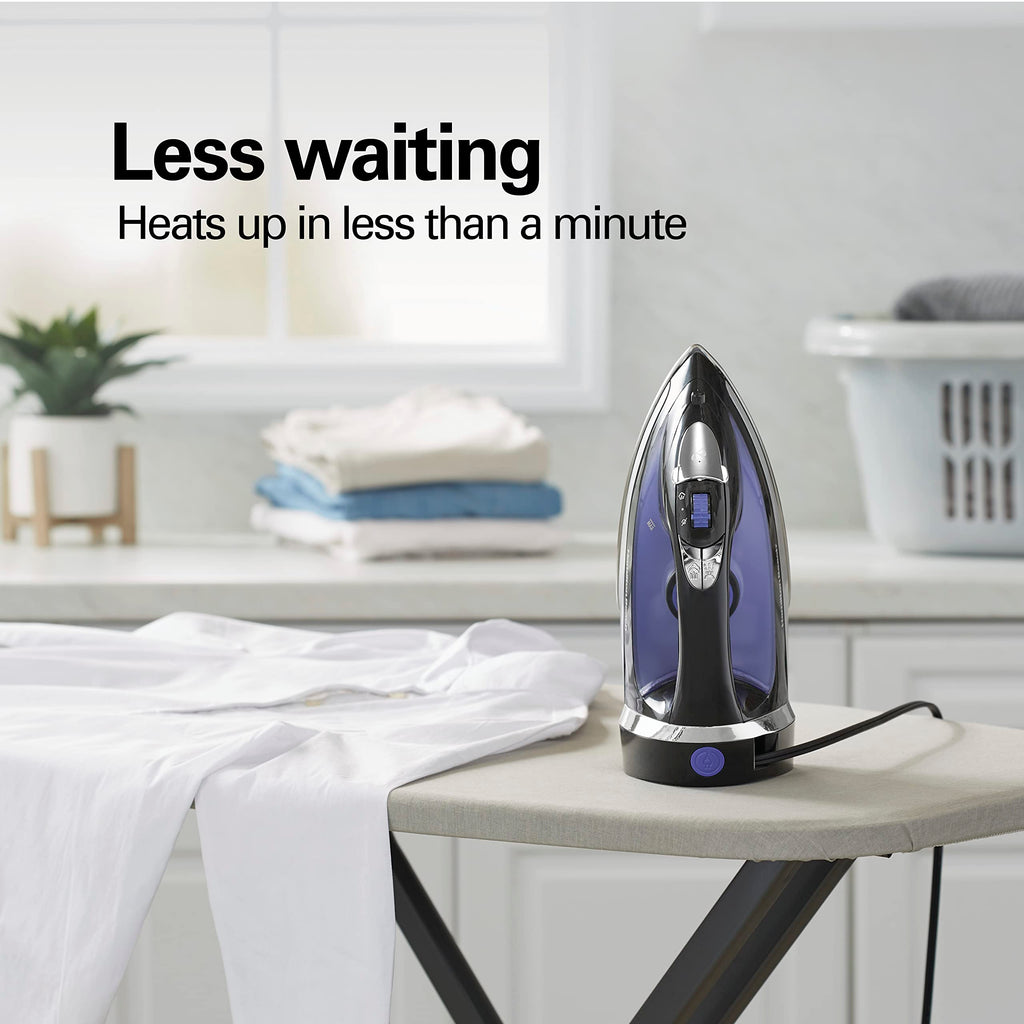 Hamilton Beach Steam Iron for Clothes, Retractable Cord Iron, Stainless Steel Soleplate, 1200W, Vertical Steam, Spray & Steam Boost, Black, 14214