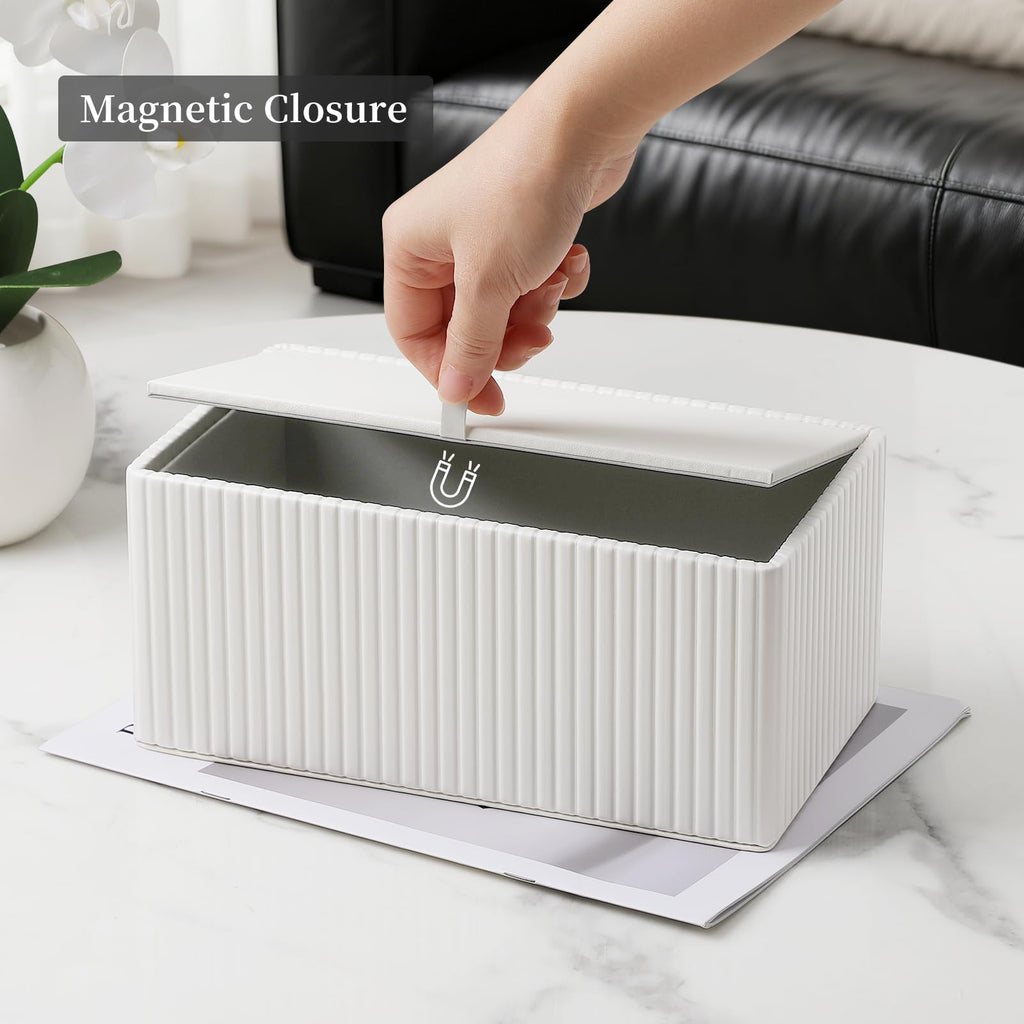 MEIBOOCH Tissue Box Cover Stylish PU Leather Rectangular Tissue Box Holder with Magnetic Bottom Cover for Bathroom Bedroom or Office (Ivory)