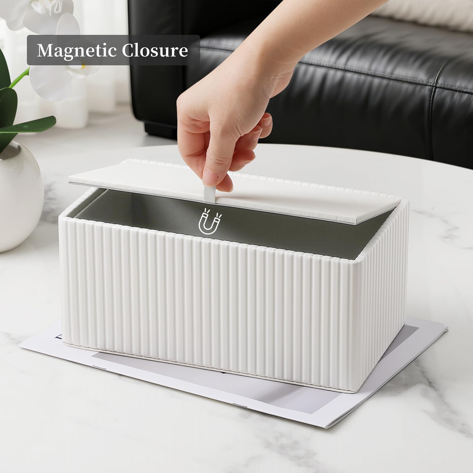 MEIBOOCH Tissue Box Cover Stylish PU Leather Rectangular Tissue Box Holder with Magnetic Bottom Cover for Bathroom Bedroom or Office (Ivory)
