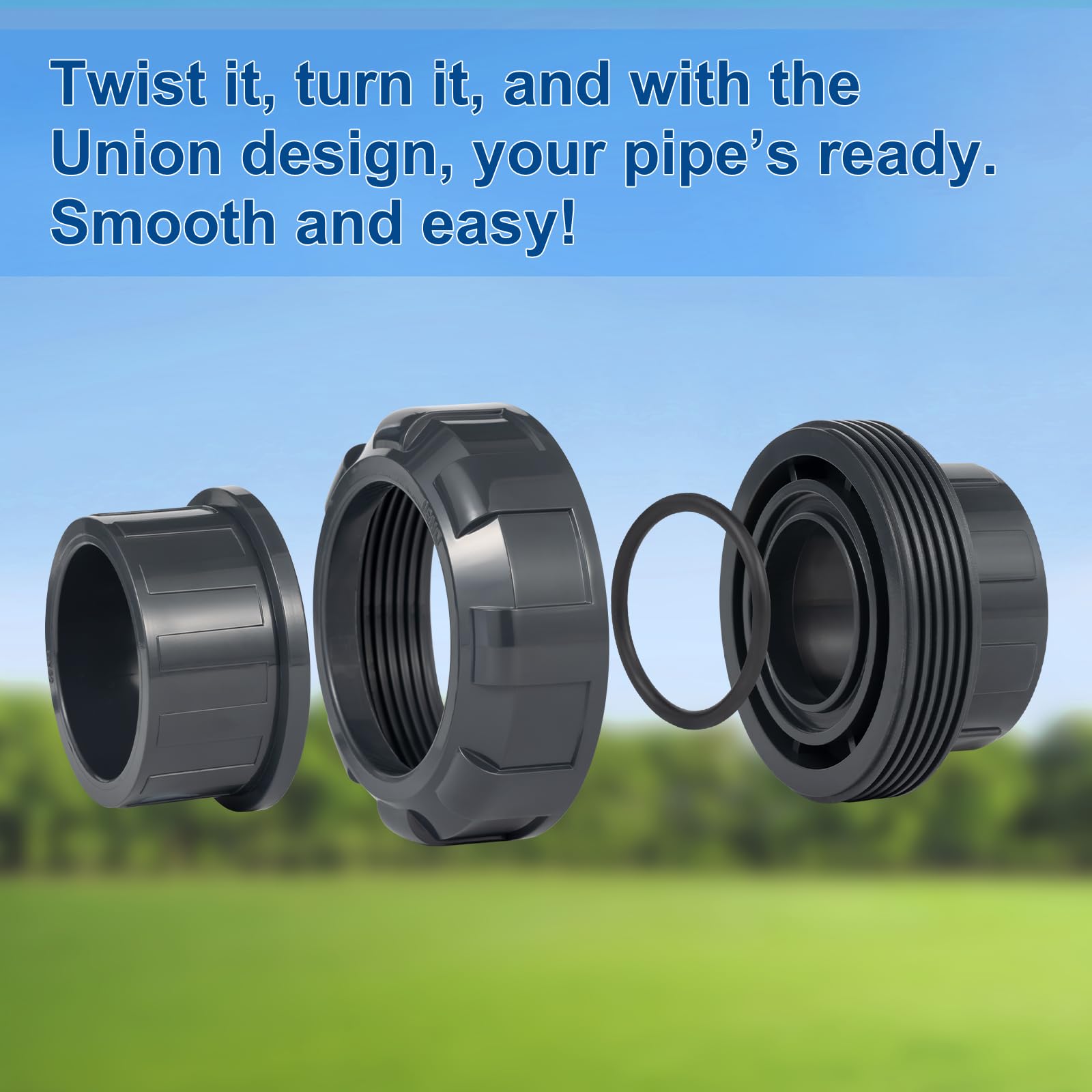 Wacjak 1.5" PVC Union Pipe Fitting 2-Pack, Rigid PVC-U Coupling for Outdoor Plumbing, Pool Pump Connections, 200 PSI Easy-Install Adapters