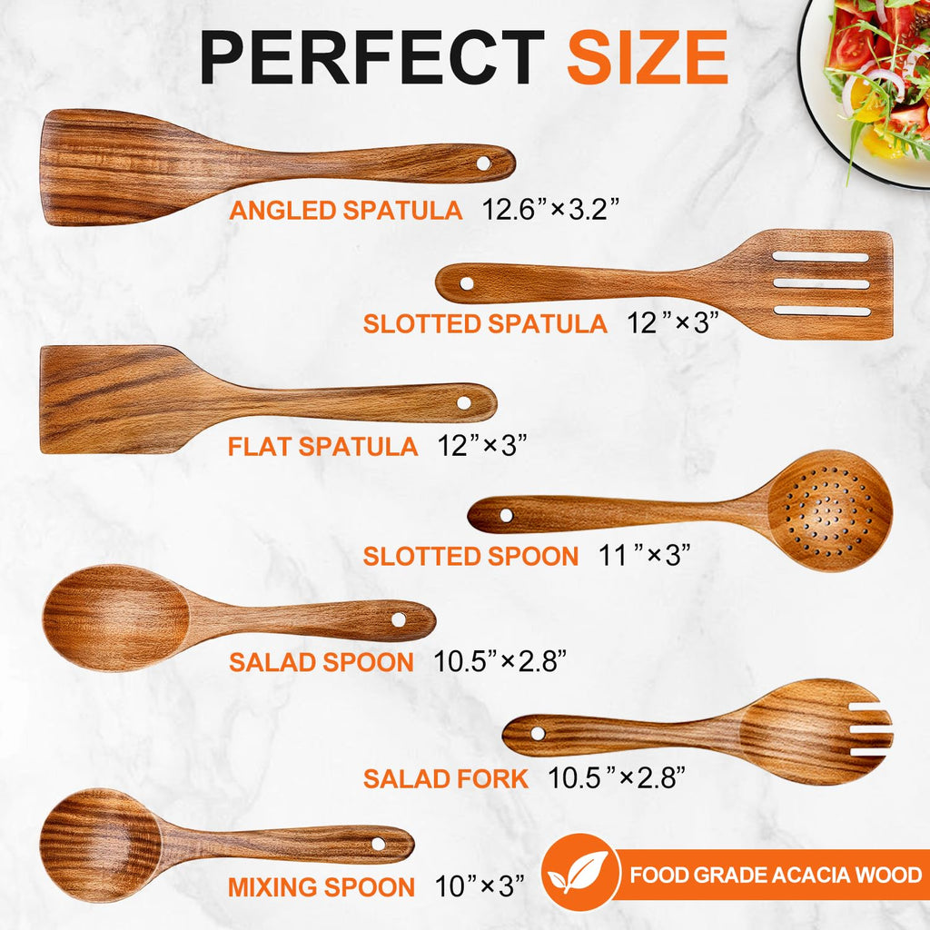 7 Pcs Acacia Wood Cooking Utensils Set Large Wooden Spoons for Cooking Spatula Salad Spoon Salad Fork Slotted Spoon Mixing Spoon Flat Spatula Turner Kitchen Utensils