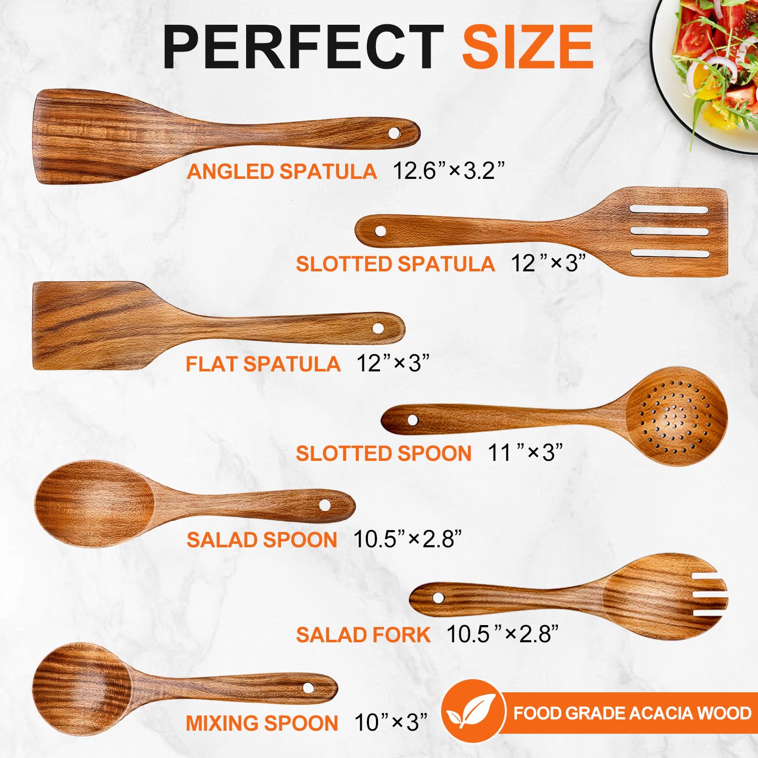 7 Pcs Acacia Wood Cooking Utensils Set Large Wooden Spoons for Cooking Spatula Salad Spoon Salad Fork Slotted Spoon Mixing Spoon Flat Spatula Turner Kitchen Utensils