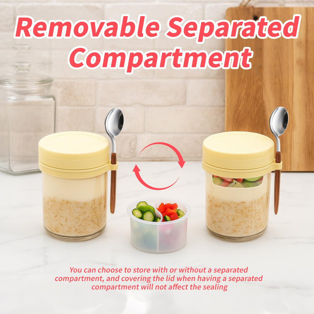 6 Packs Overnight Oats Containers with Lids, 16 Oz Glass Mason Jars with Spoons and Removable Separate Compartments Large Airtight Overnight Oats Jars for Milk Yogurt Fruit