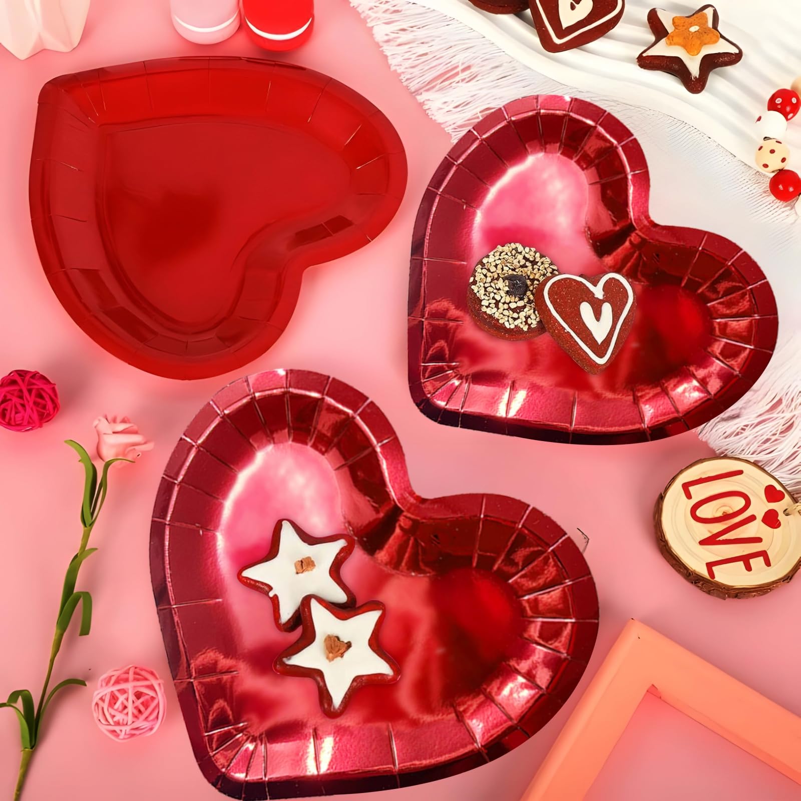 SINGOMON 40PCS Red Heart Plates Red Paper Plates Disposable Plates Red Plates Dessert Plates Love Plates Party Plates Red Tableware Set for Valentine's Day Anniversary Birthday Wedding Party Plates