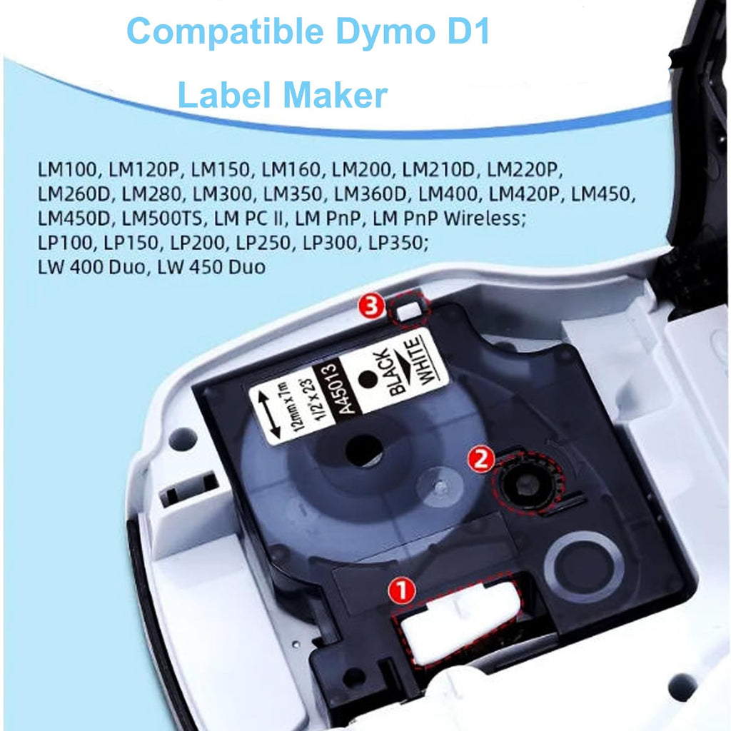 Compatible D1 Label Tape 45013 Replace for 45013 Label Maker Refills a45013 S0720530, Black on White,1/2 Inch x 23 Ft for LabelManager 160 280 210D 420P 360D PnP Label Maker 6-Pack