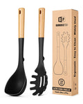 Silicone Soup Ladle and Spaghetti Spoon Set with Wooden Handle, Non Stick Heat Resistant Kitchen Utensils for Cooking, Stirring, Serving Pasta, Soup & Sauce(Black)