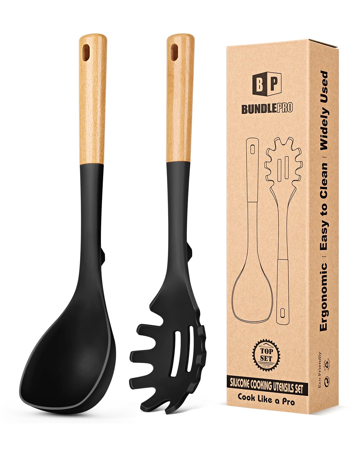 Silicone Soup Ladle and Spaghetti Spoon Set with Wooden Handle, Non Stick Heat Resistant Kitchen Utensils for Cooking, Stirring, Serving Pasta, Soup & Sauce(Black)