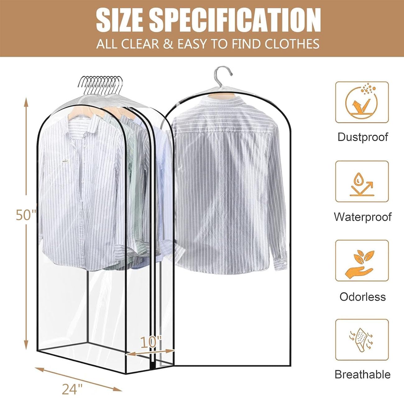 5 Pack 60" All Clear Garment Bags for Hanging Clothes Storage, 10" Gusseted Large Capacity Garment Rack Cover, Large Hanging Clothing Bag for Dress Gowns, Coats, Suit, Down Jacket