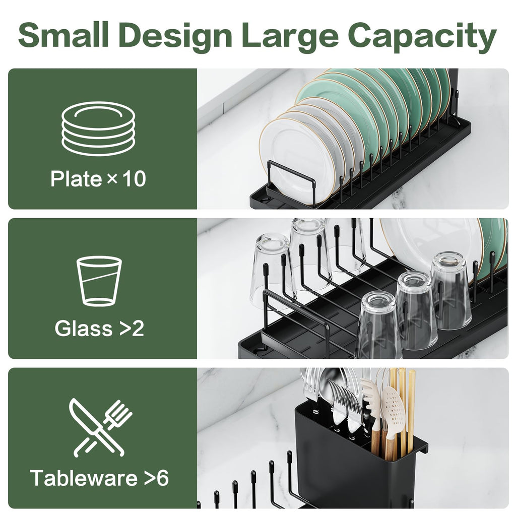 Small Dish Drying Rack, Aufworld Compact Dish Rack with Silicone Drying Mat, Stainless Steel Dish Drainer with Utensil Holder, Space Saving Drain Rack for Kitchen Counter, RVs, Apartments (Countertop)