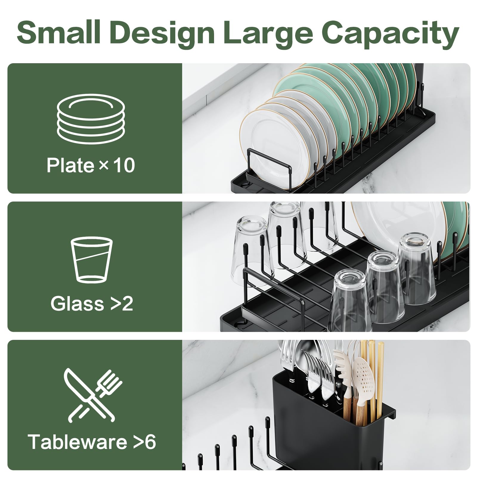 Small Dish Drying Rack, Aufworld Compact Dish Rack with Silicone Drying Mat, Stainless Steel Dish Drainer with Utensil Holder, Space Saving Drain Rack for Kitchen Counter, RVs, Apartments (Countertop)
