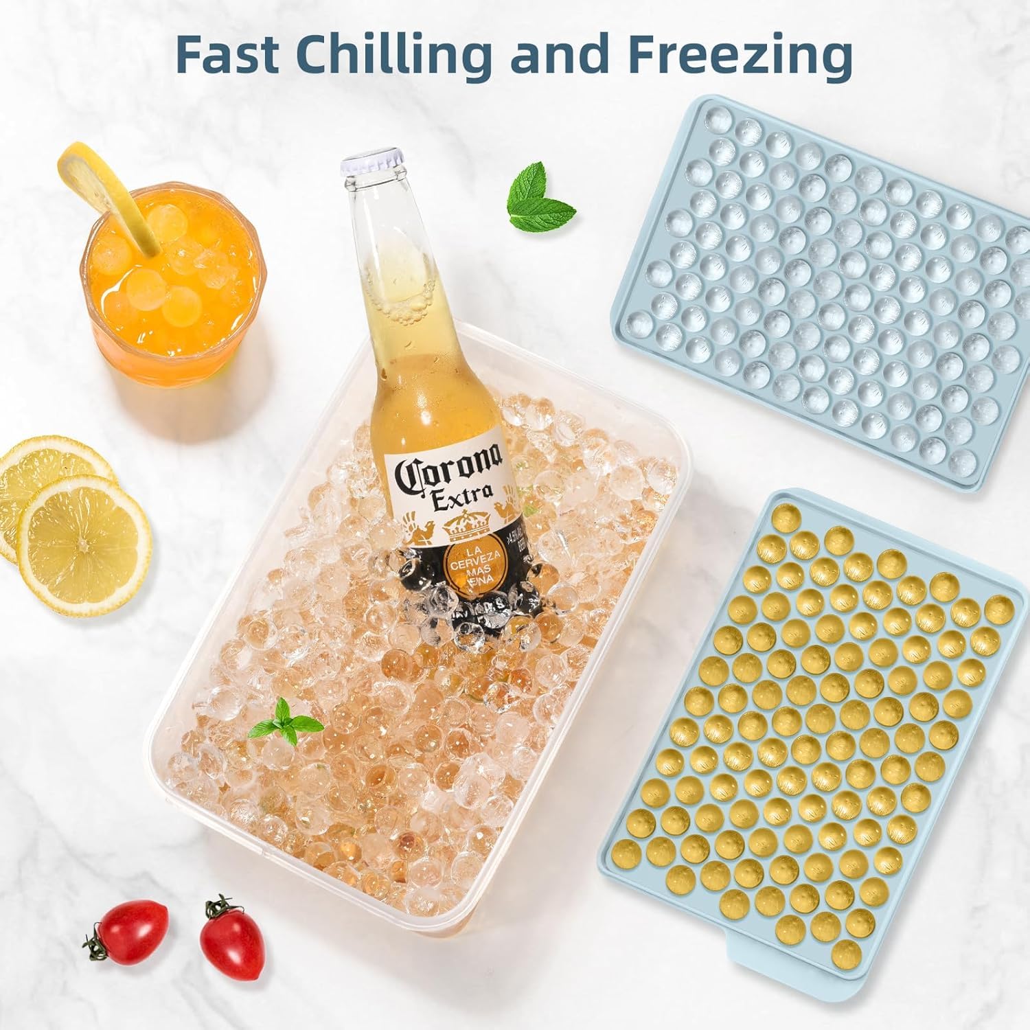 Oillase Mini Ice Cube Trays, Small Tiny Round Pebble Crushed Nugget Ice Trays for Freezer with Lid - Chilling Drinks Coffee Juice(4 Pack/0.55In - Blue)