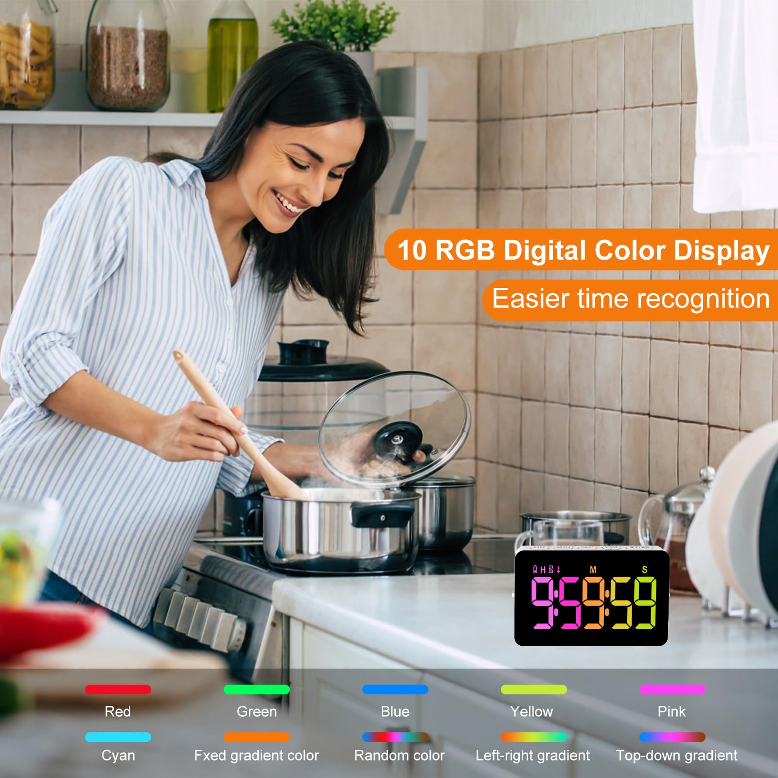 Kitchen Timer for Cooking, 10 RGB Color Changing Digital Magnetic Timer, Countdown/Up, Rechargeabilit, 3 Brightness Display, 3 Volume Levels and Vibration Mode, for Classroom, Home, Study, Fitness