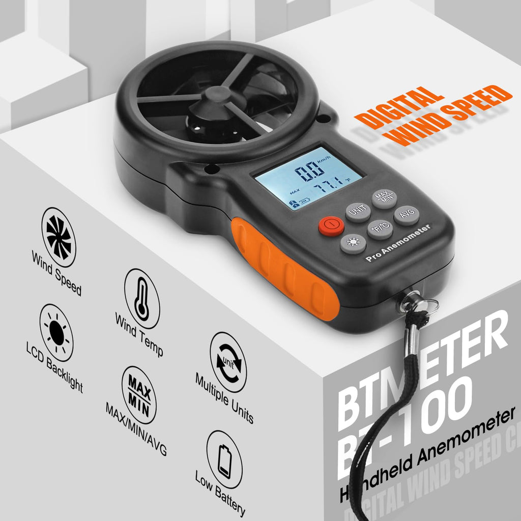 BTMETER Wind Speed Gauge Meter BT-100 Anemometer Portable Digital 14℉-113℉ Temperature Air Velocity Wind Chill Temperature Measurement Backlight Accurately Measuring
