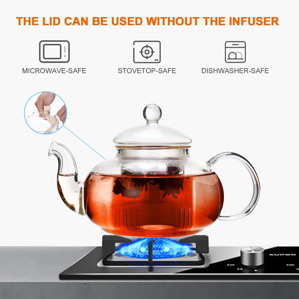CnGlass Glass Teapot Stovetop Safe,Clear Teapot with Removable Infuser 20.3 oz,Loose Leaf and Blooming Tea Maker