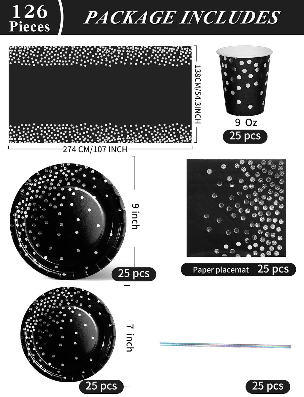 Nkaiso Paper Plates Napkins Cups Set, 126 Piece Black and Silver Paper Tableware Set Includes Birthday Paper Plates Napkins Cups Straws for Wedding Shower Engagement Wedding Birthday-25 Guests