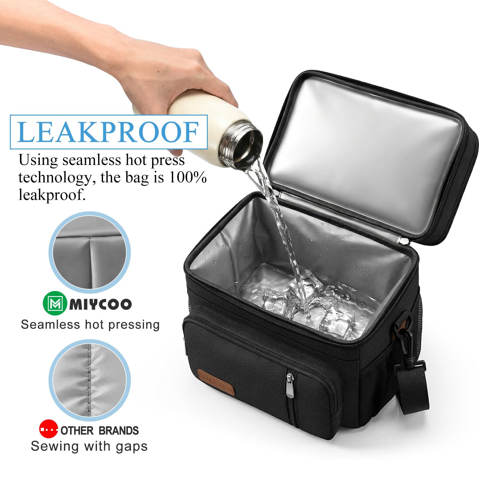 Lunch Bag for Women Men Double Deck Lunch Box - Leakproof Insulated Soft Large Lunch Cooler Bag, MIYCOO (Black,15L)