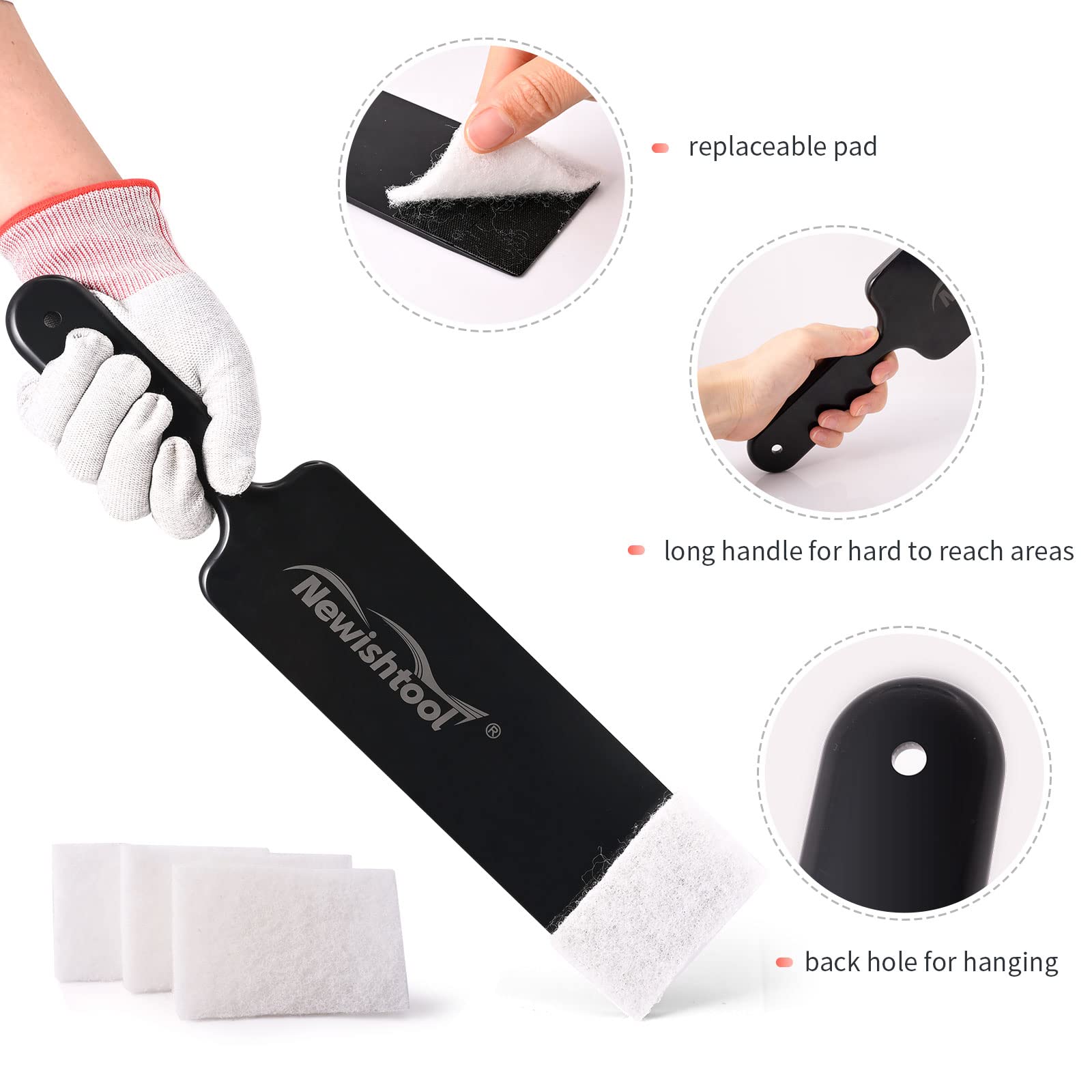 NEWISHTOOL Window Tint Tools Bulldozer Squeegee Kit, Black Wide Mouth & Scrubber Paddle Scraper with Spare Scouring Pads for Windshield Cleaning Window Film Installing, Long Handle Tint Tools