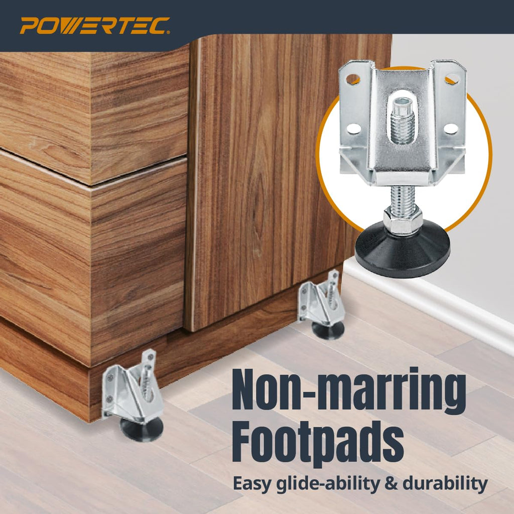 POWERTEC Furniture Leg Levelers 4PK, Adjustable Heavy Duty Leveling Feet with Screws, Lock Nuts and Non-Marring Pads, for Cabinets/Tables/Work Bench/Shelves (71136V)
