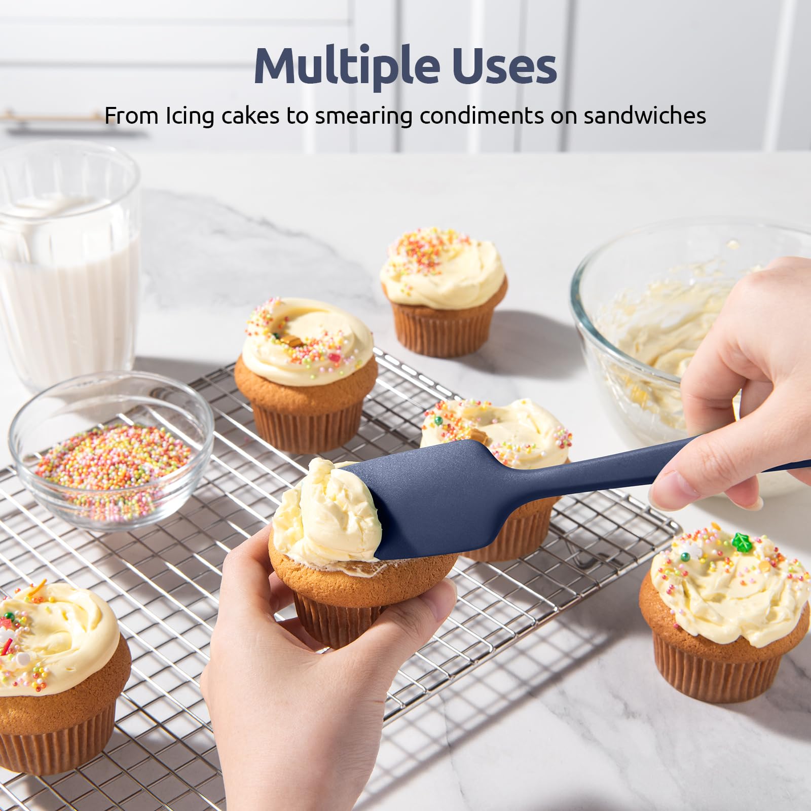 Heat Resistant Silicone Spatula Set: U-Taste 600ºF High Temp Seamless BPA-Free Food Grade Flexible Rubber Silicon Kitchen Cooking Mixing Baking Scraper for Nonstick Cookware Set of 4 (Midnight Blue)