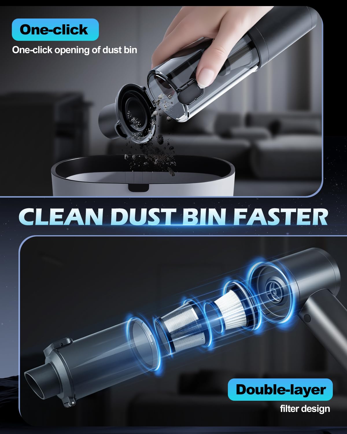 Handheld Car Vacuum Cleaner Cordless,15000Pa Rechargeable Car Vacuum Cordless Powerful with Brushless Motor & Double-Layer Filter Screen Multi-Nozzles AirDuster/Blower for Pet Hair Car Home Office