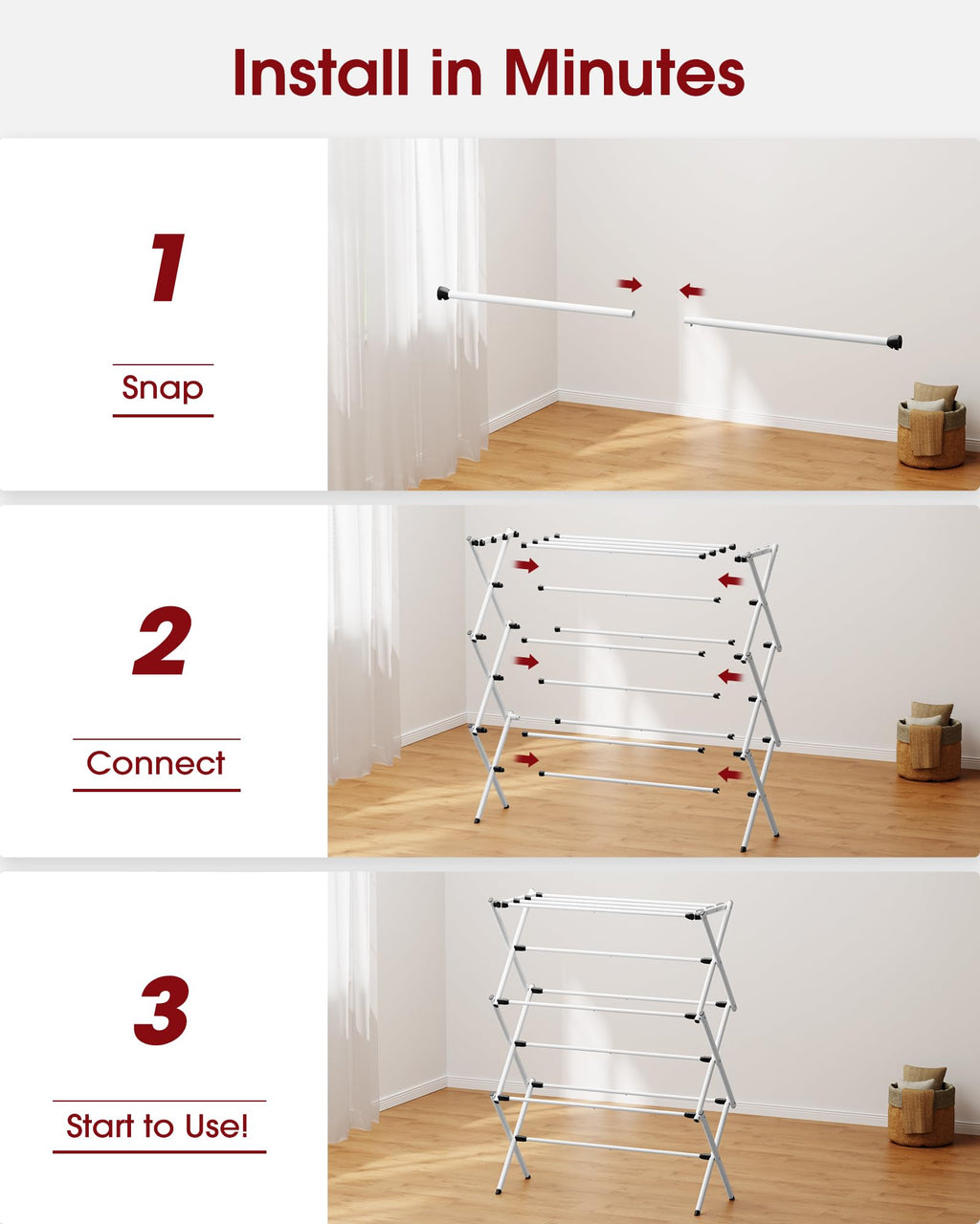 Sakugi 3 Tier Clothes Drying Rack, Foldable Clothes Drying Rack with Non-Slip Feet, Portable Laundry Drying Rack for Clothing, Indoor & Outdoor Use, 73.5 x 29 x 95 cm, White