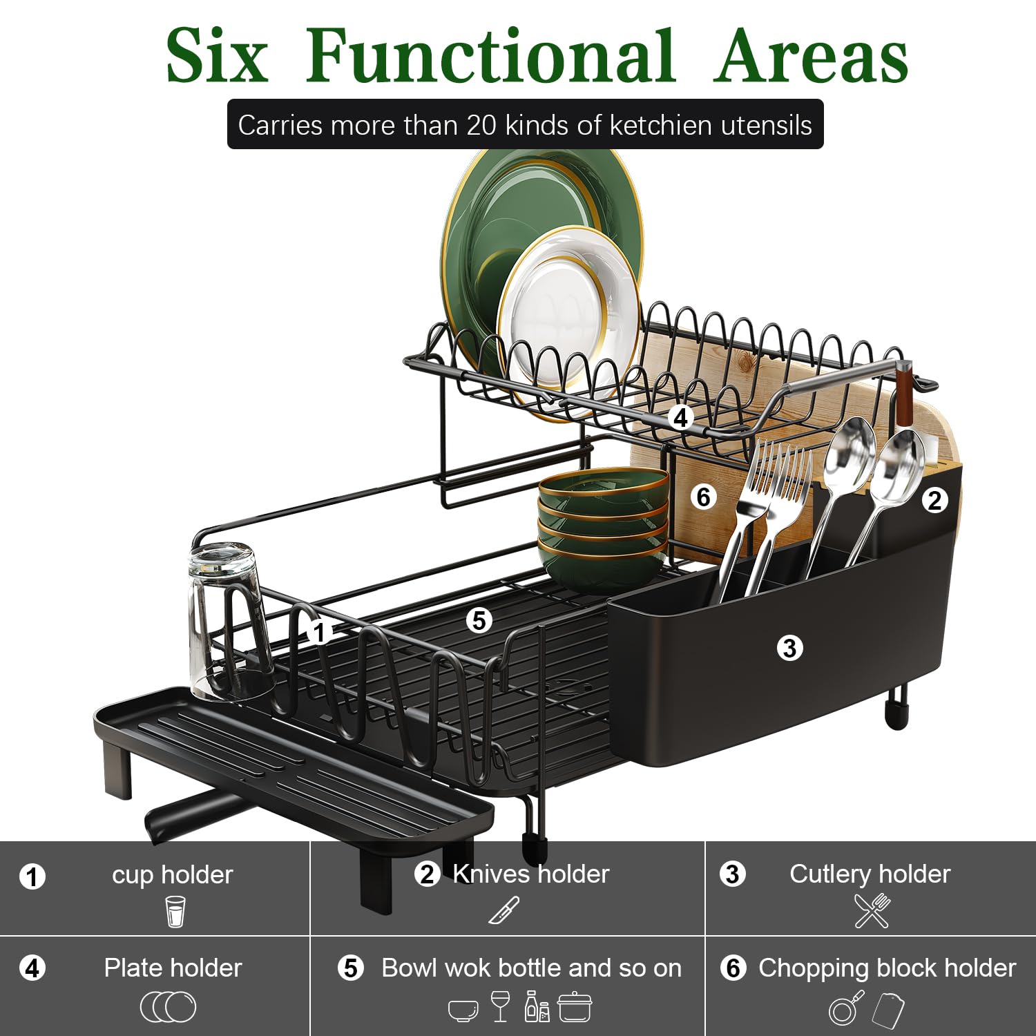Runnatal Large Dish Drying Rack with Drainboard Set, Extendable Dish Rack, Utensil Holder, Cup Holder, Large-Capacity 2-Tier Dish Drying Rack, Expandable Dish Drainer for Kitchen Counter